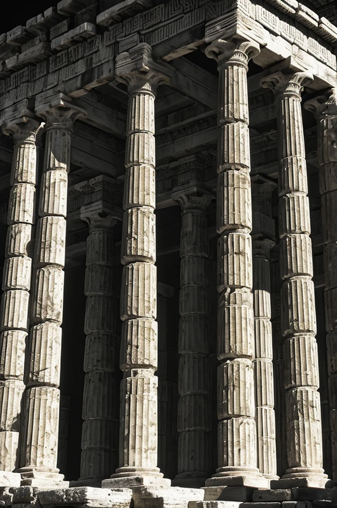 A dark landscape image of an ancient greek society deeply connected to stoicism,black and white,ancient greek achitecture --ar 16:9 --style 406fSU75