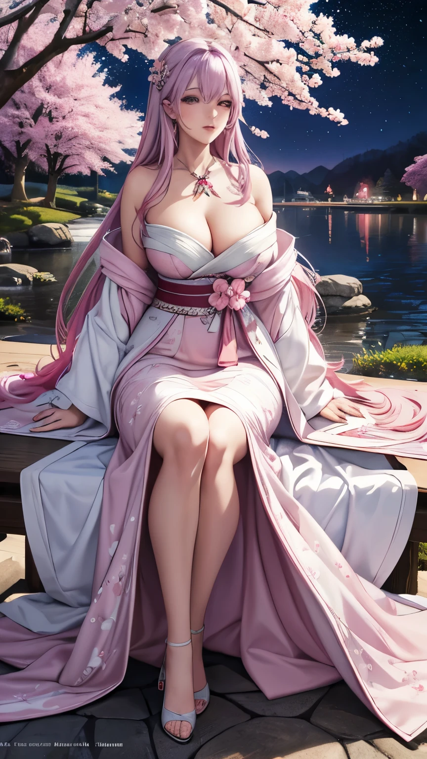 red eyes, (highest quality, masterpiece painting:1.3), immature woman, 21 years old, (full body shot), masterpiece, ultra high resolution, (Photoreal:1.0), light purple hair,straight hair, beautiful shining hair, white and shining skin, ((Ultra realistic details)), octane rendering, highly detailed face, (big breasts:0.8), (make a heart with hands),((Translucent white robe), (pink feather robe,Layering), White cherry blossom embroidery pattern, silver earrings,(milky way galaxy), Hair flutters under the influence of the wind, Japanese garden with beautiful cherry blossoms at night, Mysterious night sky, Beautiful Landscapes, sharp focus, intricate details, professional artwork, (bright colors:1.1), bright colors, diffused lighting, digital blending, ultra-definition body, ultra detail hair, super detailed face, that'It's trending on pixiv, top button open, Cute gaze, compensate, perfect lips, perfect compensate, Ultra-precision coating, (light_smile:0.8), (Very embarrassed:1.2), blush your nose, NSFW, sexy
