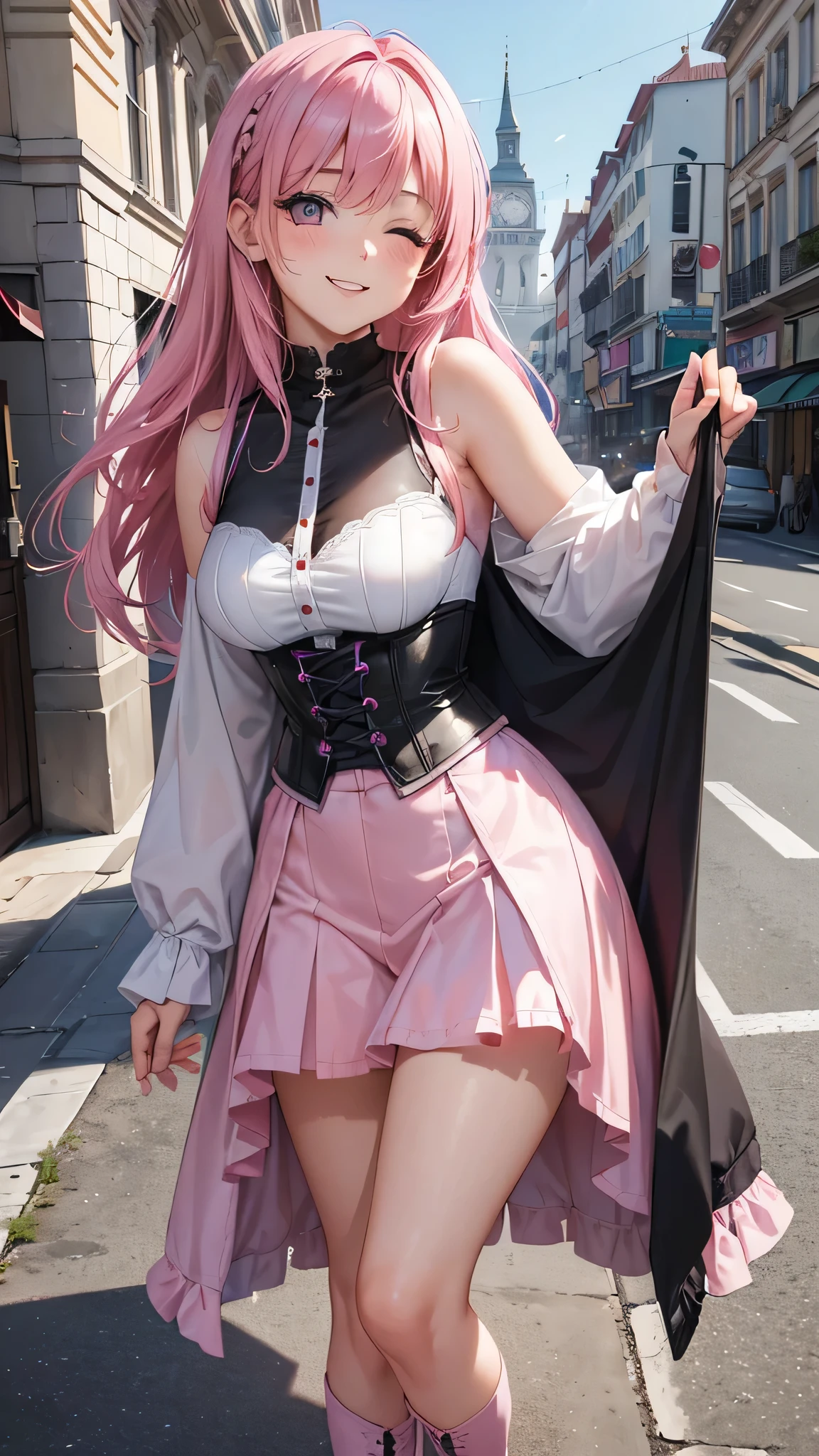 Toda la imagen con detalles intrincados nivel profesional: "(A young 16 year old girl with vibrant pink hair, piernas abiertas, vestida con un abrigo oscuro y una camisa blanca, with a corset and several belts, pantalones cortos negros y medias hasta el muslo, botas marrones. The woman has her eyes closed and an expression of gratitude and happiness on her face, ropa muy corta y delgada, le agrada mostrar su cuerpo, chica empoderada, le gusta mostrar su hermoso cuerpo sexualizado porque es muy bella, con rasgos femeninos pronunciados, (a veces le gusta salir casi o toda desnuda a la calle), random angle.)"