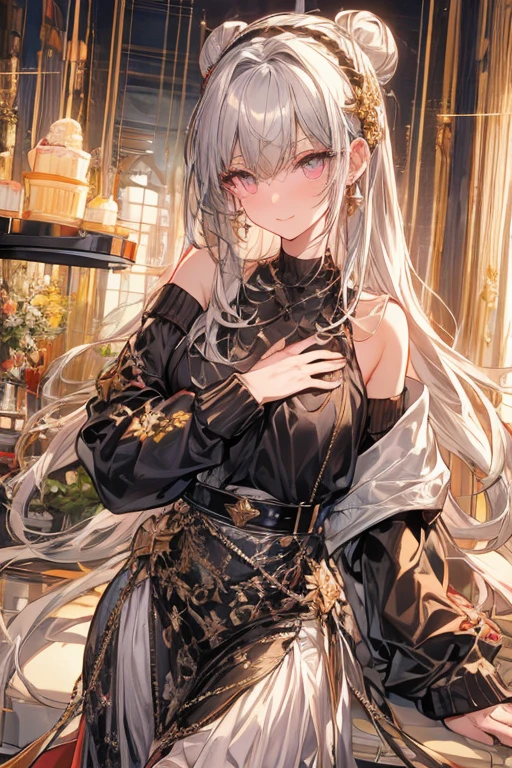 (((Masterpiece))),(((Super Detail))),(((in 8K))),(((best composition))),(((Rim lighting,Fireglow effect,deep shadow))),solo),Beautiful fingers,Detailed finger features,(Detailed hair features:1.7),(Dynamic and sexy bending pose:1.3),detailed facial features,detailed clothes features, (perky chest:1.1), (pointed chest:1.3), delicate beautiful face, Bright blue eyes, cute eyes, sparkling eyes, Big eyes, beautiful detailed eyes,double bun with glittering hair ornament:0.6,(super detailed glossy skin:1.3),slender body,goddess smile,((with sparkling eyes and a contagious smile)),beautiful posture,have a cup of coffee,black hair, red eyes, dress, bare shoulders, jewelry, collarbone, sidelocks, hairband, earrings, indoors, off shoulder, sweater, arms behind back, plant, short hair with long locks, white hairband, off-shoulder dress, sweater dress, off-shoulder sweater, red sweater, big side hair, very long side hair,(super delicate floral pattern:1.2),seductive cleavage:1.3,beautiful glossy legs,shiny red high heels,lifting dishes with cakesd,french restaurant,hustle and bustle,rising steam,(((depth of fields)))