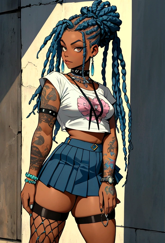 punk afro chubby girl with long freeform braided eletric blue locs hairstyle and hairy legs)) (wearing cropped punk T-shirt and pleated skirt with fishnet stockings), plump thighs and soft big jiggly butt, (wearing diamond choker necklace), (cannabis flower tattoos on arms and legs), plump legs
