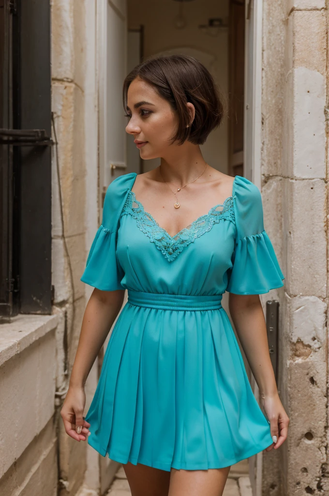 34 years old Maltese woman looking at the camera over her shoulder while walking in a Malta alleyway, cute, solo,beautiful detailed sky,detailed, (8k, RAW photo, best quality, masterpiece:1.2), (realistic, photo-realistic:1.37), ultra-detailed,(nose blush),(closed mouth), seductive smile, large aparture, professional lighting, Sony A7R4, Zessie 50mm F1.8, ,beautiful detailed eyes,(turquoise dress:1.1),pleated,(short hair:1.2),floating hair, full body visible