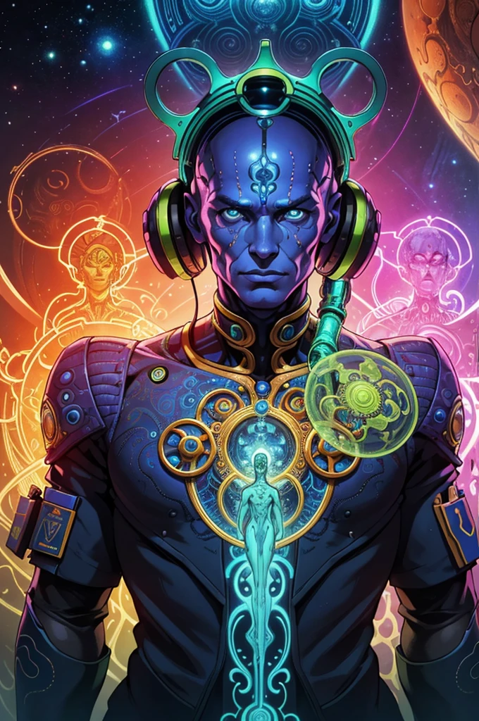 a close up of a person's head and body, psychedelic color theme, anthropomorphic machine, 3d render of a man's body, inspired by James C. Christensen, portrait of a cosmic entity, connectedness, fantastic artwork, terminals, dynamic character design, rendered art, beautiful spectrum of vibrancy, by Gregory Gillespie, insane intricate, cold color palate