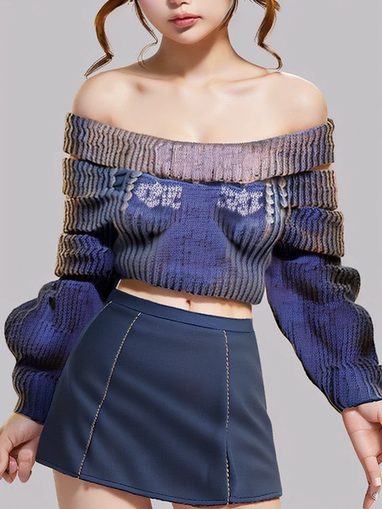 16k、One 18-year-old Japanese woman、Japanese Idols、(Off-the-shoulder, waistless knit sweater:1.8)、(Plain navy blue mini skirt:1.8)、Super slim and slender body、Hourglass constitution、Too thin waist、Beautiful, firm breasts that don't sag、bare clavicle、Naked shoulders、Deep cleavage、(I can't see the bust:1.8)、Photorealistic、highest quality、masterpiece、Ultra-high resolution、RAW Photos、Realistic、Bright lighting、Face Light、Smooth Professional Lighting、looking at the camera、alone、Good looking、(A symmetrical, beautiful, cute, and small face:1.8)、(Long and slender legs:1.8)、so beautiful、Realistic、Natural, lustrous, pure white skin tone、Moisturized Skin、Realistic eye and facial details、Perfect Style、Model Body Type、Big and beautiful eyes、slim、(Leaning forward)、Shooting at a photo studio、One girl、