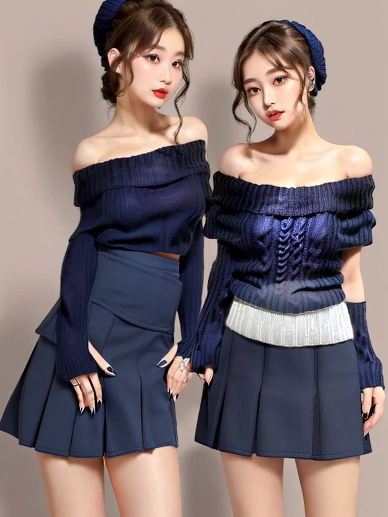 16k、One 18-year-old Japanese woman、Japanese Idols、(Off-the-shoulder, waistless knit sweater:1.8)、(Plain navy blue mini skirt:1.8)、Super slim and slender body、Hourglass constitution、Too thin waist、Beautiful, firm breasts that don't sag、bare clavicle、Naked shoulders、Deep cleavage、(I can't see the bust:1.8)、Photorealistic、highest quality、masterpiece、Ultra-high resolution、RAW Photos、Realistic、Bright lighting、Face Light、Smooth Professional Lighting、looking at the camera、alone、Good looking、(A symmetrical, beautiful, cute, and small face:1.8)、(Long and slender legs:1.8)、so beautiful、Realistic、Natural, lustrous, pure white skin tone、Moisturized Skin、Realistic eye and facial details、Perfect Style、Model Body Type、Big and beautiful eyes、slim、(Leaning forward)、Shooting at a photo studio、One girl、