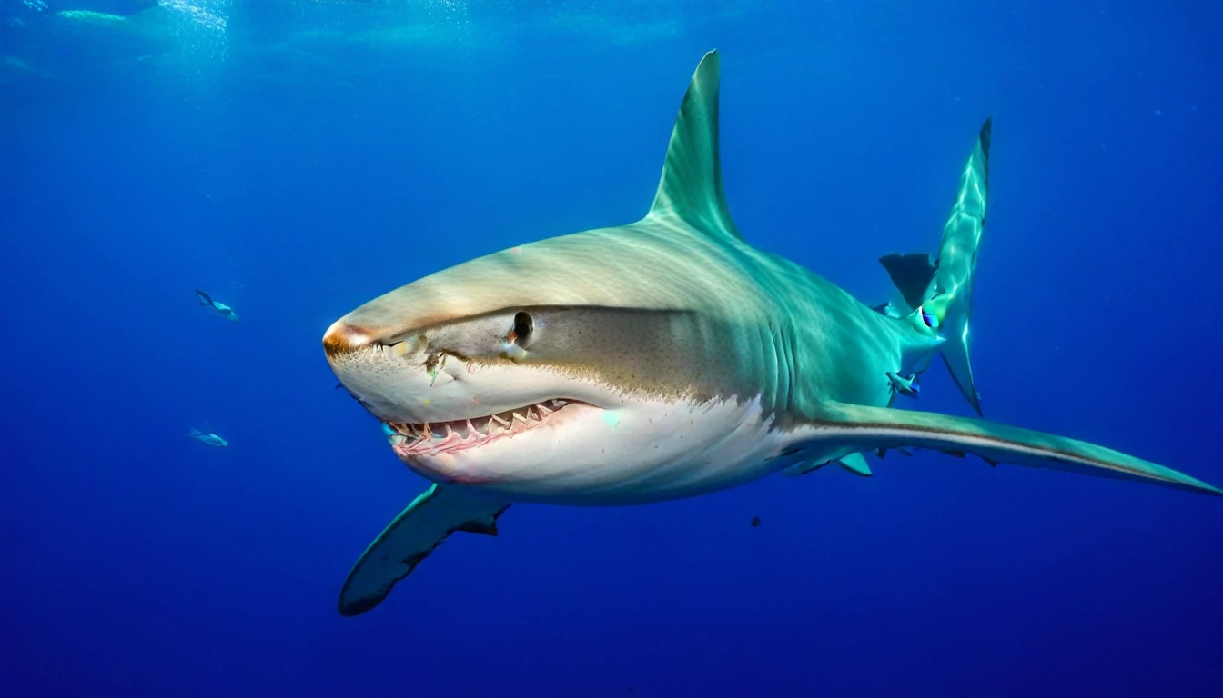 Photo of an apple:1 AND photo of a shark:0.7