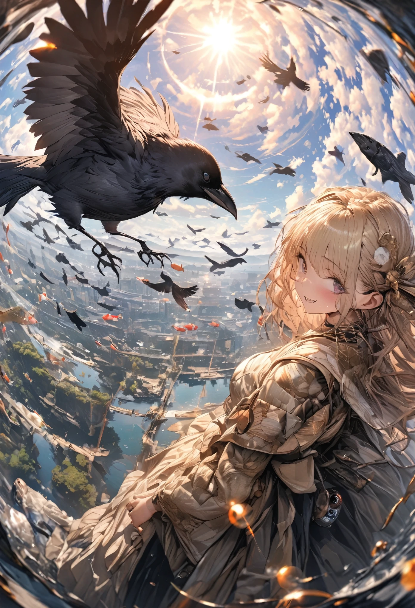 Crow, masterpiece, best quality, insanely detailed, Full-HD, 16K, absurdres, dynamic angle, gigantic scale, golden ratio, lens flare, pinhole camera, fish-eye lens, in focus with blurred background