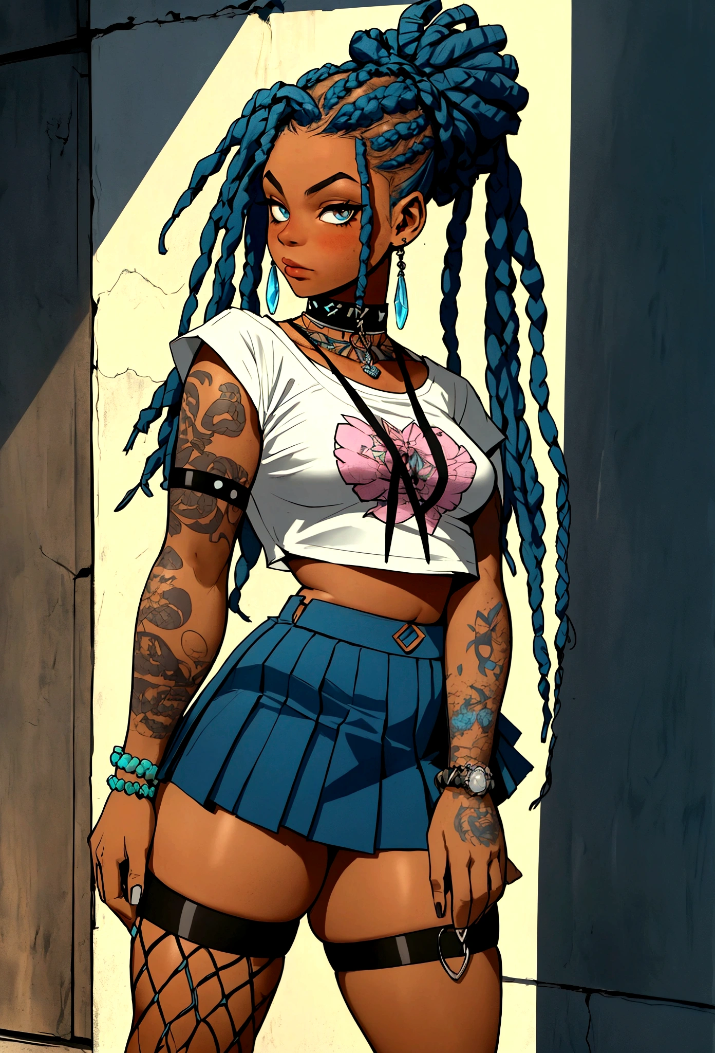 punk afro chubby girl with long freeform braided eletric blue locs hairstyle and hairy legs)) (wearing cropped punk T-shirt and pleated skirt with fishnet stockings), plump thighs and soft big jiggly butt, (wearing diamond choker necklace), (cannabis flower tattoos on arms and legs), plump legs
