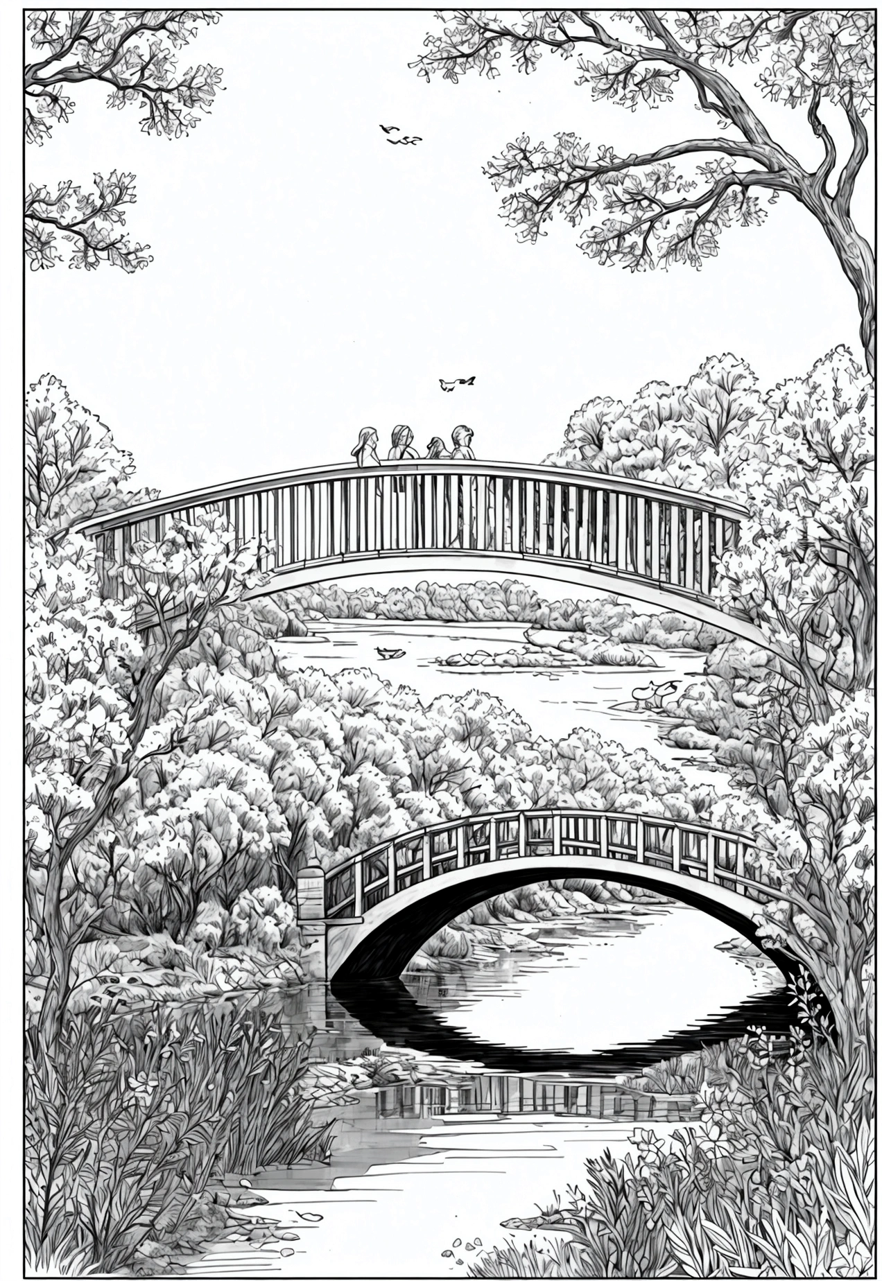 grey and white only, Book page coloring art, All-white background, Use only outlines, line art, coloring book, Clean line art, For coloring Simple and clean line art, coloring book page, perfect symmetric details, Country Bridge: A wooden bridge crossing a gentle river, with willow trees on either side, ducks swimming underneath, and wildflowers growing along the riverbank.