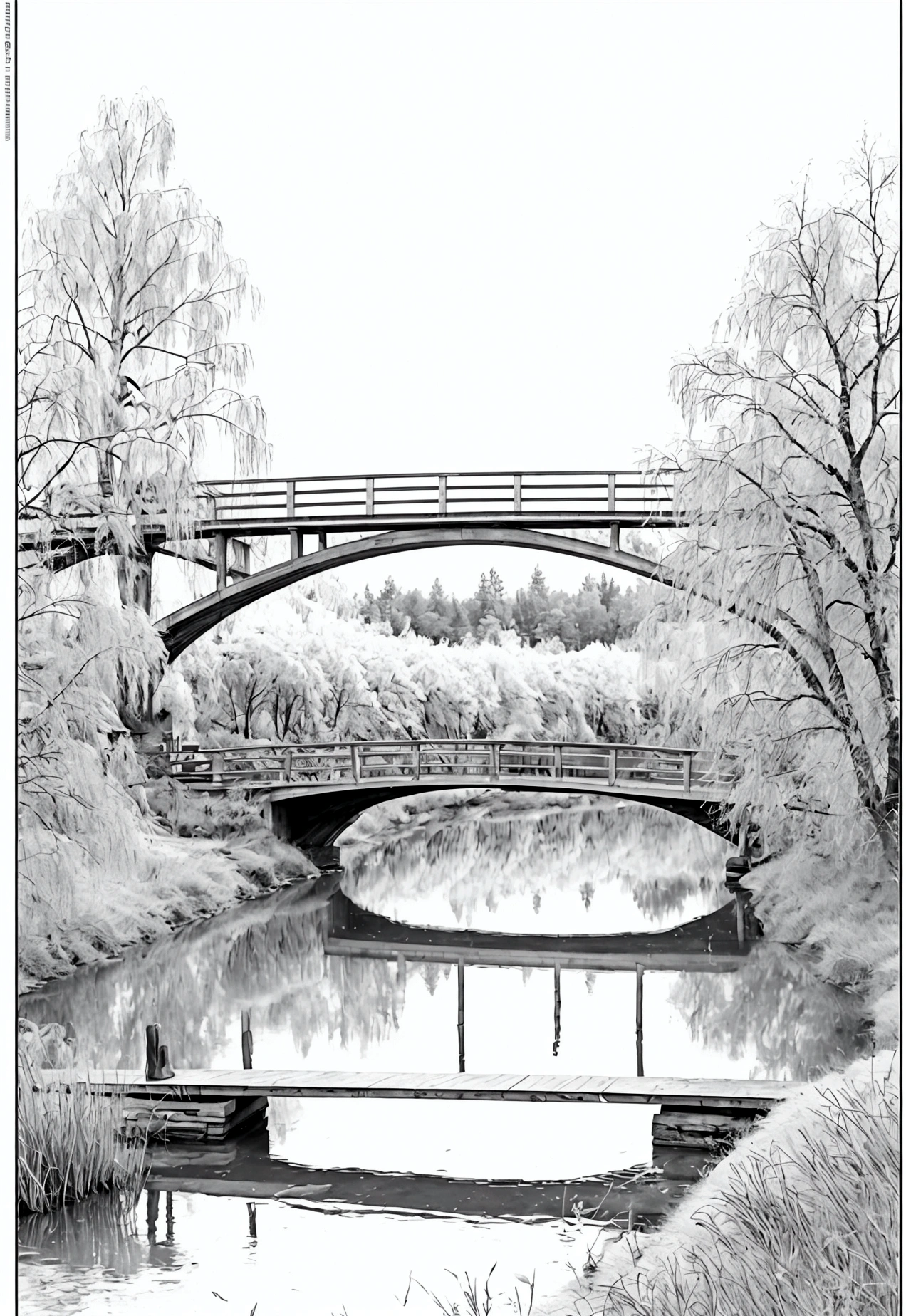 grey and white only, Book page coloring art, All-white background, Use only outlines, line art, coloring book, Clean line art, For coloring Simple and clean line art, coloring book page, perfect symmetric details, Country Bridge: A wooden bridge crossing a gentle river, with willow trees on either side, ducks swimming underneath, and wildflowers growing along the riverbank.