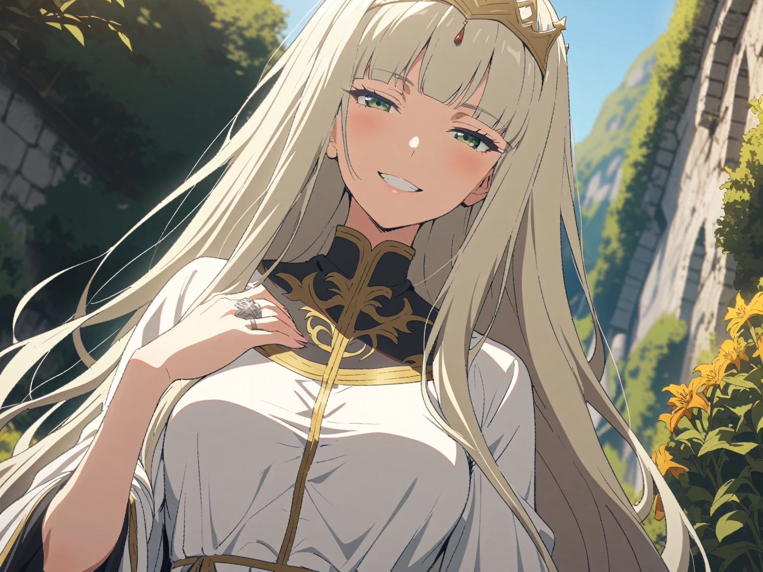 {{upper body, hand focus, dutch angle}} {{Artist: Sincos}} 1 woman, solo, mature female, elegant, princess, medium breasts, platinum blonde hair, long hair, straight hair, hime cut, green eyes, white dress, gold trim, tiara, looking at viewer, bright smile, teeth, half-closed eyes, presenting hand, ring in hand, outdoors, garden, sunny, medieval fantasy.
