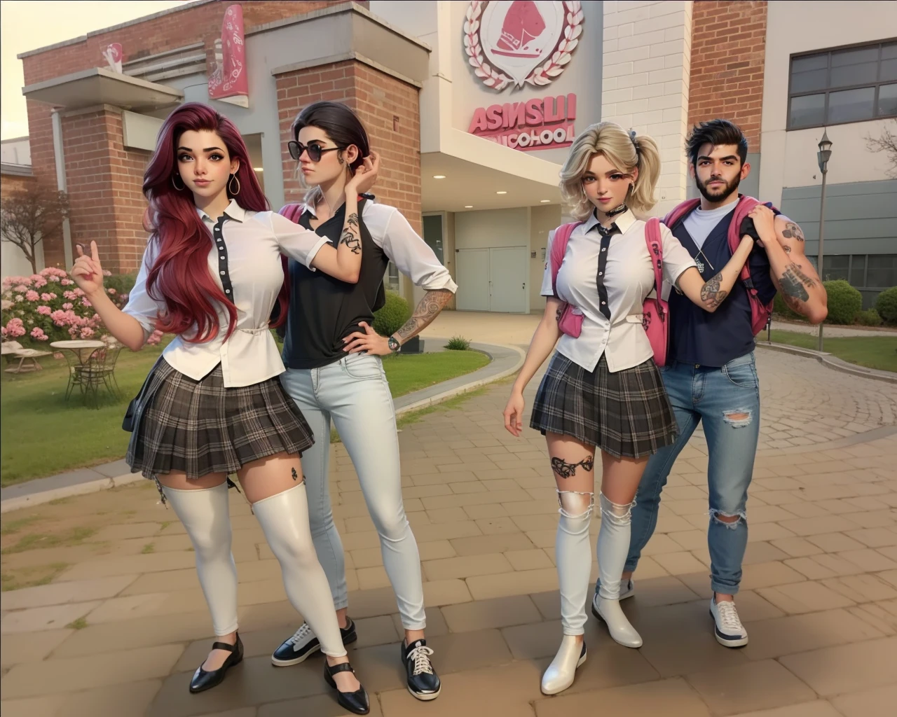 Best quality, casal, adolescentes, camisa escolar com gravatas, cabelos loiros vermelhos preto, mochila, Jeans, sapatos brancos, saia, ambiente escolar, tatto,