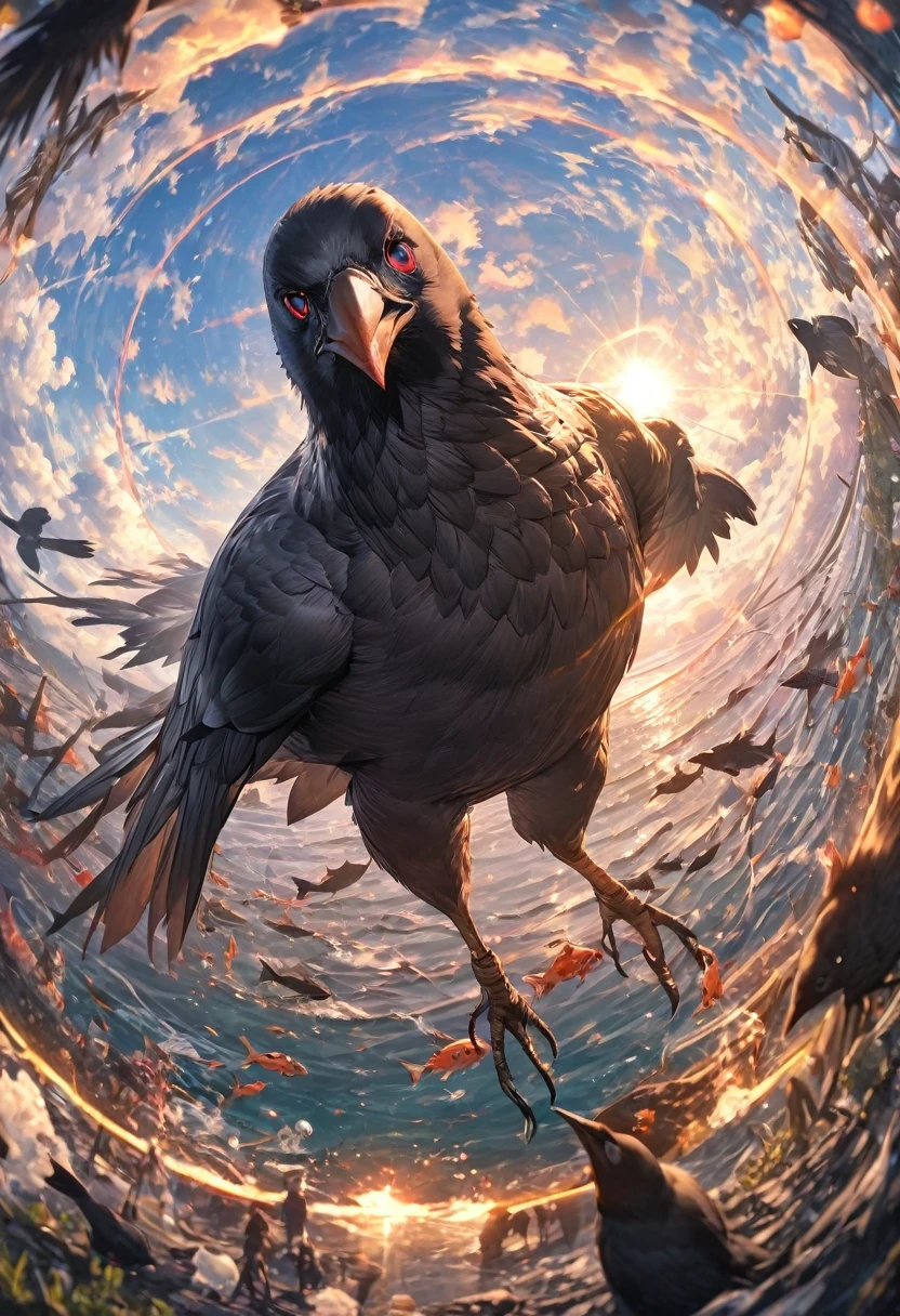 Crow, masterpiece, best quality, insanely detailed, Full-HD, 16K, absurdres, dynamic angle, gigantic scale, golden ratio, lens flare, pinhole camera, fish-eye lens, in focus with blurred background