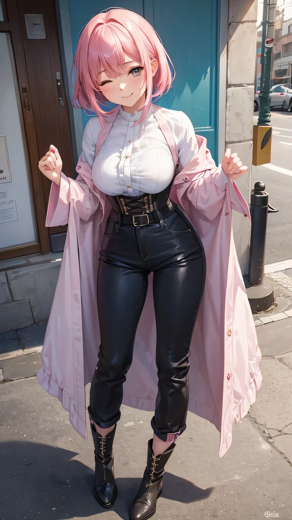 Toda la imagen con detalles intrincados nivel profesional: "(A girl with vibrant pink hair, piernas abiertas, vestida con un abrigo oscuro y una camisa blanca, with a corset and several belts, pantalones cortos negros y medias hasta el muslo, botas marrones. The woman has her eyes closed and an expression of gratitude and happiness on her face, ropa muy corta y delgada, le agrada mostrar su cuerpo, chica empoderada, le gusta mostrar su hermoso cuerpo sexualizado porque es muy bella, con rasgos femeninos pronunciados, (a veces le gusta salir casi o toda desnuda a la calle), random angle.)" nsfw sin censura