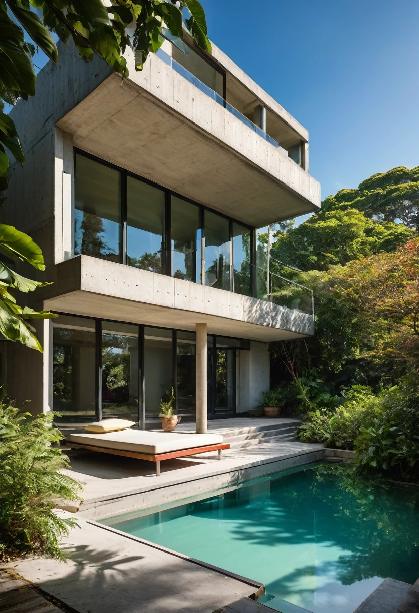 RAW format photography, taken with a Canon EOS 6D Mark II camera, with 55mm lens, 8k, extreme quality, ultra-realistic, real image, normal angle, lamp temperature 3,500K, morning sun at 8:20, with a happy and colorful atmosphere , sun tilted at 50 degrees, parametric concrete architecture. Imagine a three-story Brutalist house, imposing and majestic, situated beneath a vibrant blue sky on a sunny summer day. The pool in front reflects the sun's glare, creating a shimmering spectacle of light and shadow. An elegant staircase leads to the main entrance, while huge glass windows offer a clear view of the interior, bathing the spaces in natural light. The surrounding wild vegetation embraces the structure with an exuberant vitality, contrasting with the austere lines of the concrete. On the second floor, a spacious balcony with classic Ionic columns invites relaxation, offering a shaded retreat where you can enjoy the views and cool breezes. The environment is a harmonious fusion of architectural robustness and natural beauty, radiating joy and life in every detail.