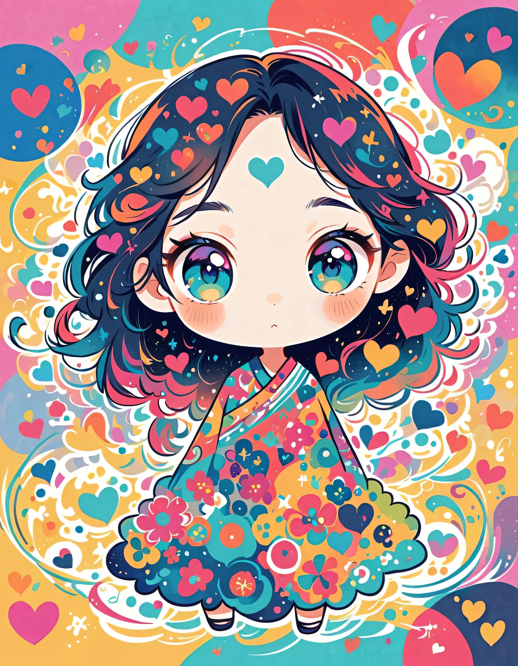 Takashi Murakami style, Simple Line Initialism，Abstract art，Urban Background, colorful hearts ,(((The most beautiful girl of all time))), (((chibi))), Colorful background