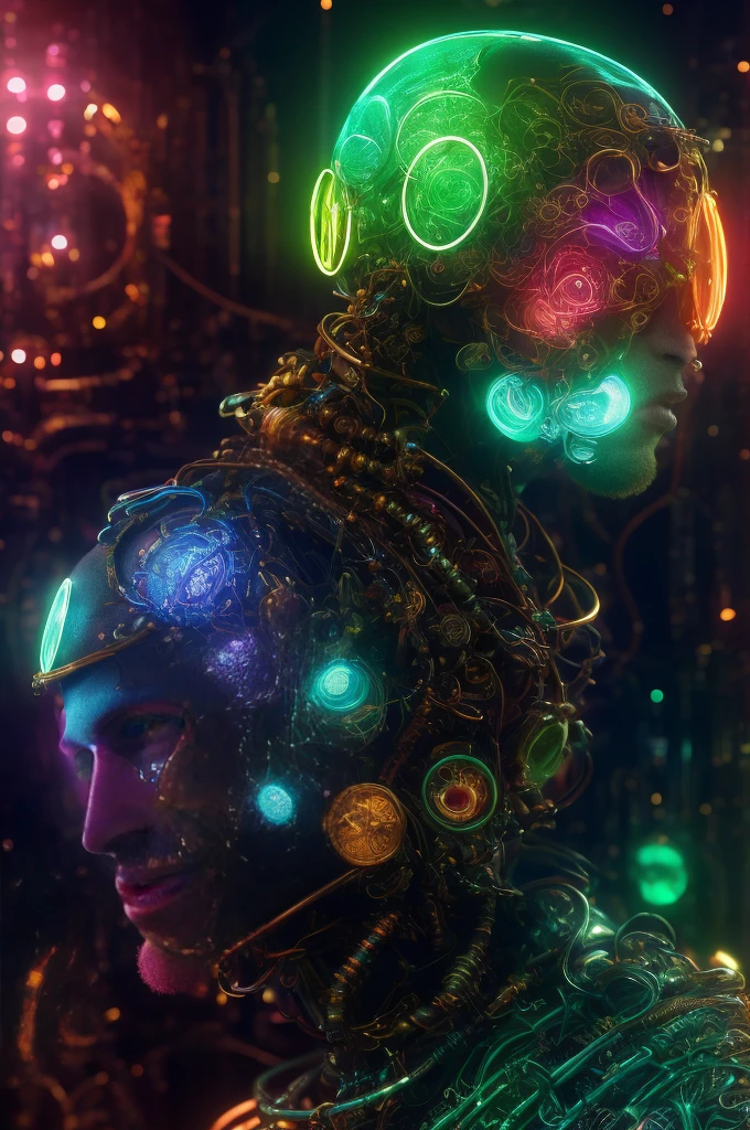 a close up of a person's head and body, psychedelic color theme, anthropomorphic machine, 3d render of a man's body, inspired by James C. Christensen, portrait of a cosmic entity, connectedness, fantastic artwork, terminals, dynamic character design, rendered art, beautiful spectrum of vibrancy, by Gregory Gillespie, insane intricate, cold color palate