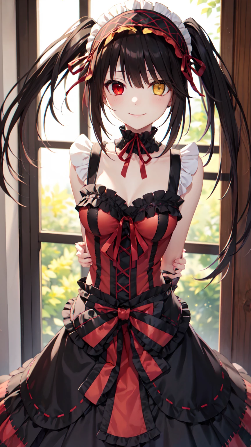 masterpiece, The best quality、street、Put your arms behind your back、Black Hair, Long twin tails bunches, (Yellow eyes:1.2), Heterochromia iridum, (Red Eyes:1.2),Tokisaki Kurumi、Smile,Gothic ta Clothing Accessories、victorian maid tiara、Black Ribbon、Shut up、Gothic Lolilothing Accessories