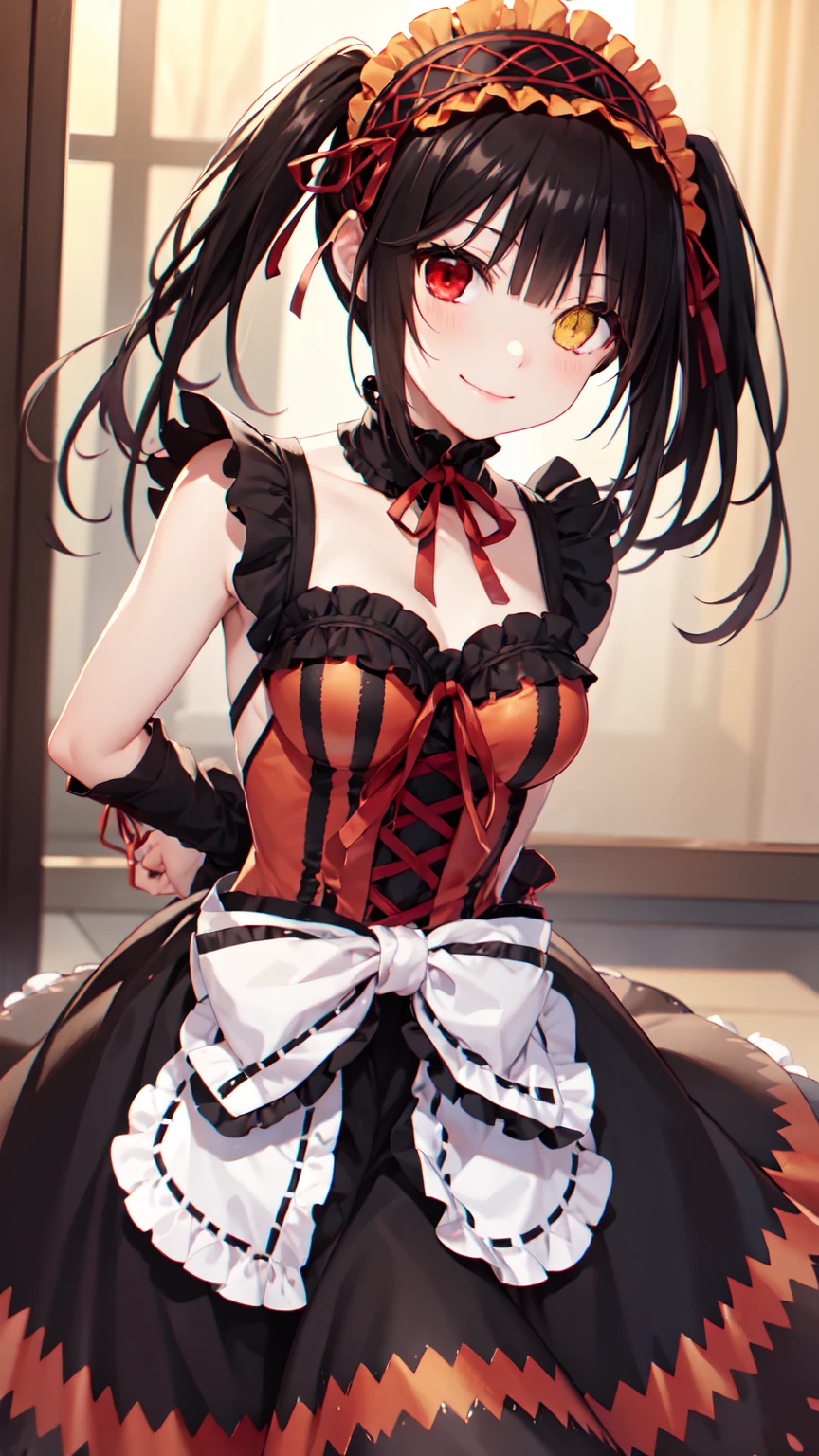 masterpiece, The best quality、street、Put your arms behind your back、Black Hair, Long twin tails bunches, (Yellow eyes:1.2), Heterochromia iridum, (Red Eyes:1.2),Tokisaki Kurumi、Smile,Gothic Lolita Clothing Accessories、victorian maid tiara、Black Ribbon、Shut up、Gothic Lolita Clothing Accessories