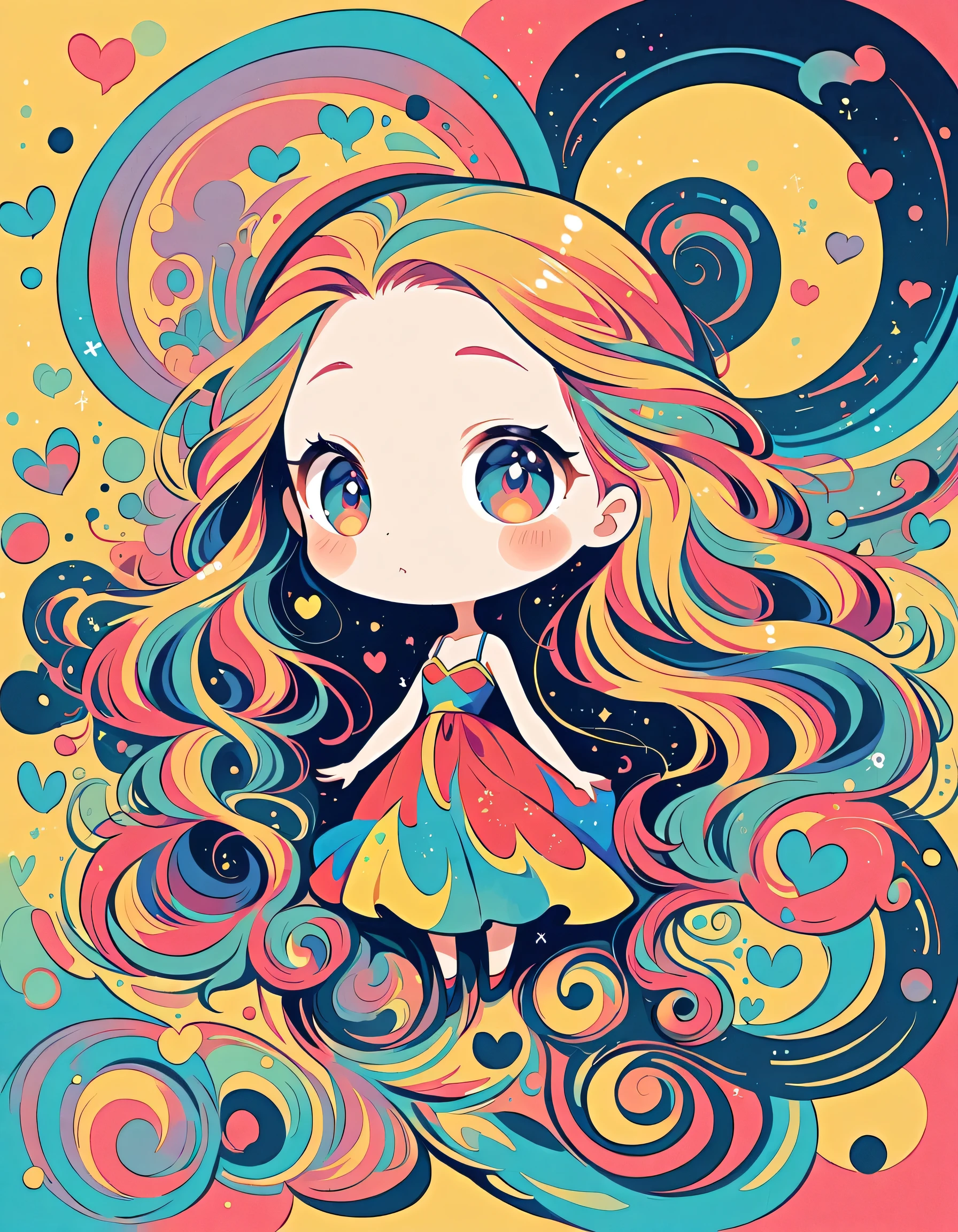Takashi Murakami style, Simple Line Initialism,Abstract art,Urban Background, colorful hearts ,(((The most beautiful girl of all time))), (((chibi))), Colorful background