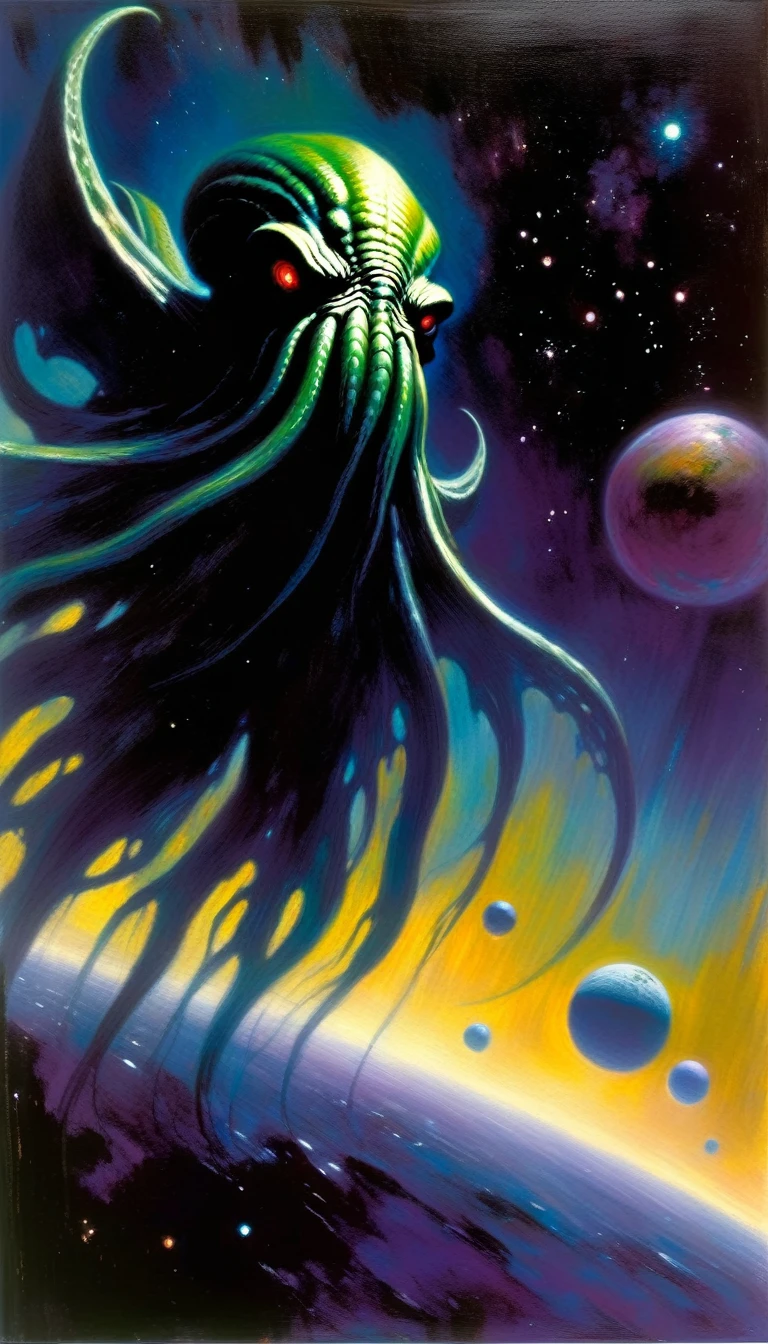 We see the haunting, surreal image of Cthulhu, his eerie, otherworldly presence floating in the void of space, passing by sinister and ominous planets. (inspirational art by Bill Sienkiewicz, oil painting, brush stroke details that enhance depth)
