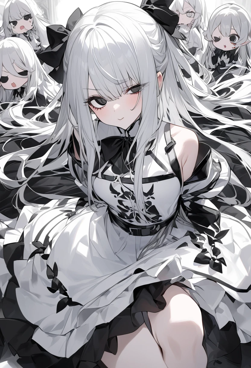 Black and white mixed、Black and White、Girl、Black and white hair、Mixed black and white hair、Long Hair、Mixed black and white hair、Lots of black、A little too much black、Odd Eye、Black left eye、Black left eye、White right eye、White right eye、Odd EyeでBlack left eye色で右目が白色、Black left eye、White left eye、Black and white outfit、skirt、Clothes with a lot of black and white、Black and white clothing