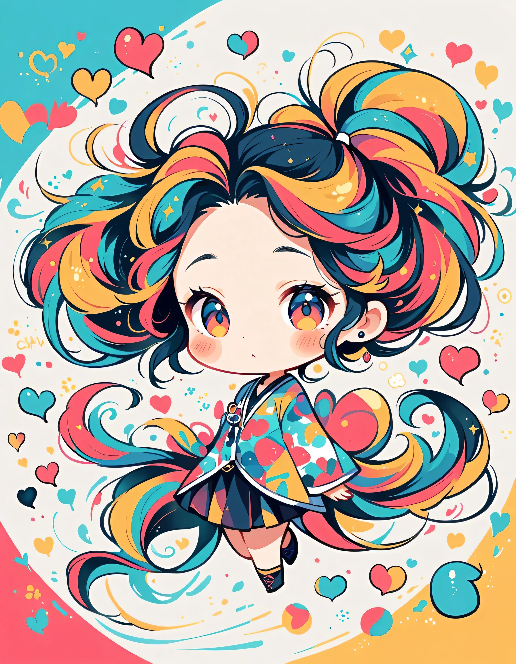 Takashi Murakami style, Simple Line Initialism,Abstract art,Urban Background, colorful hearts ,(((The most beautiful girl of all time))), (((chibi))),