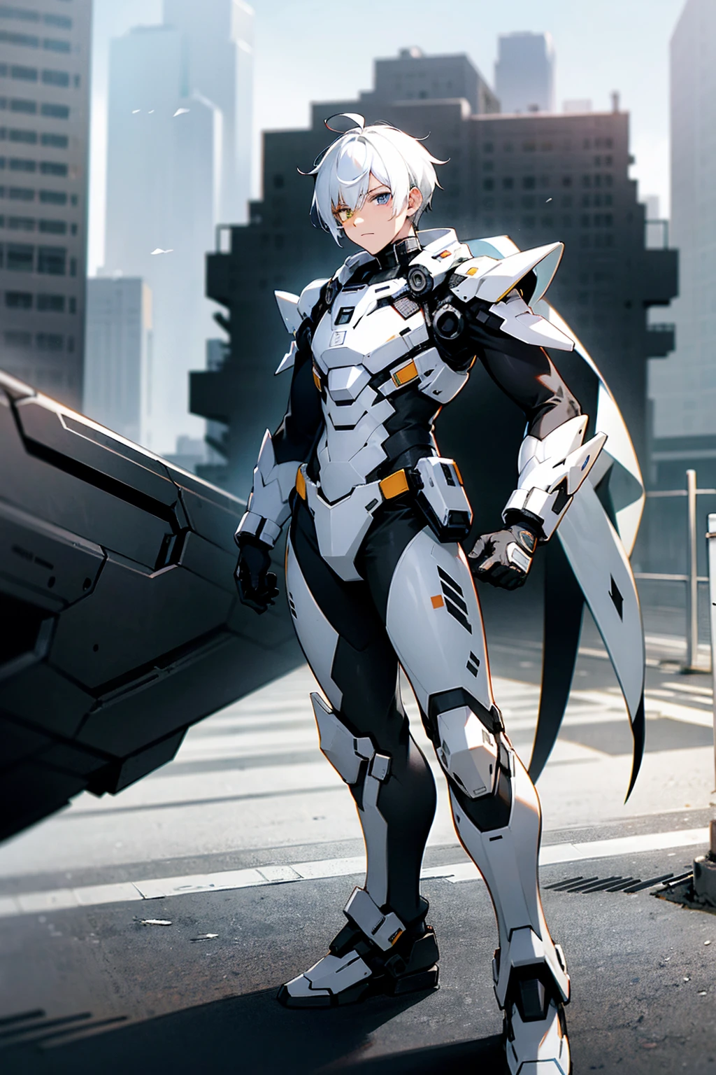 1male, two toned hair, black and white hair, split colored hair, expressionless, heterochromia, black and white combat suit, city background, standing on path, hands to side