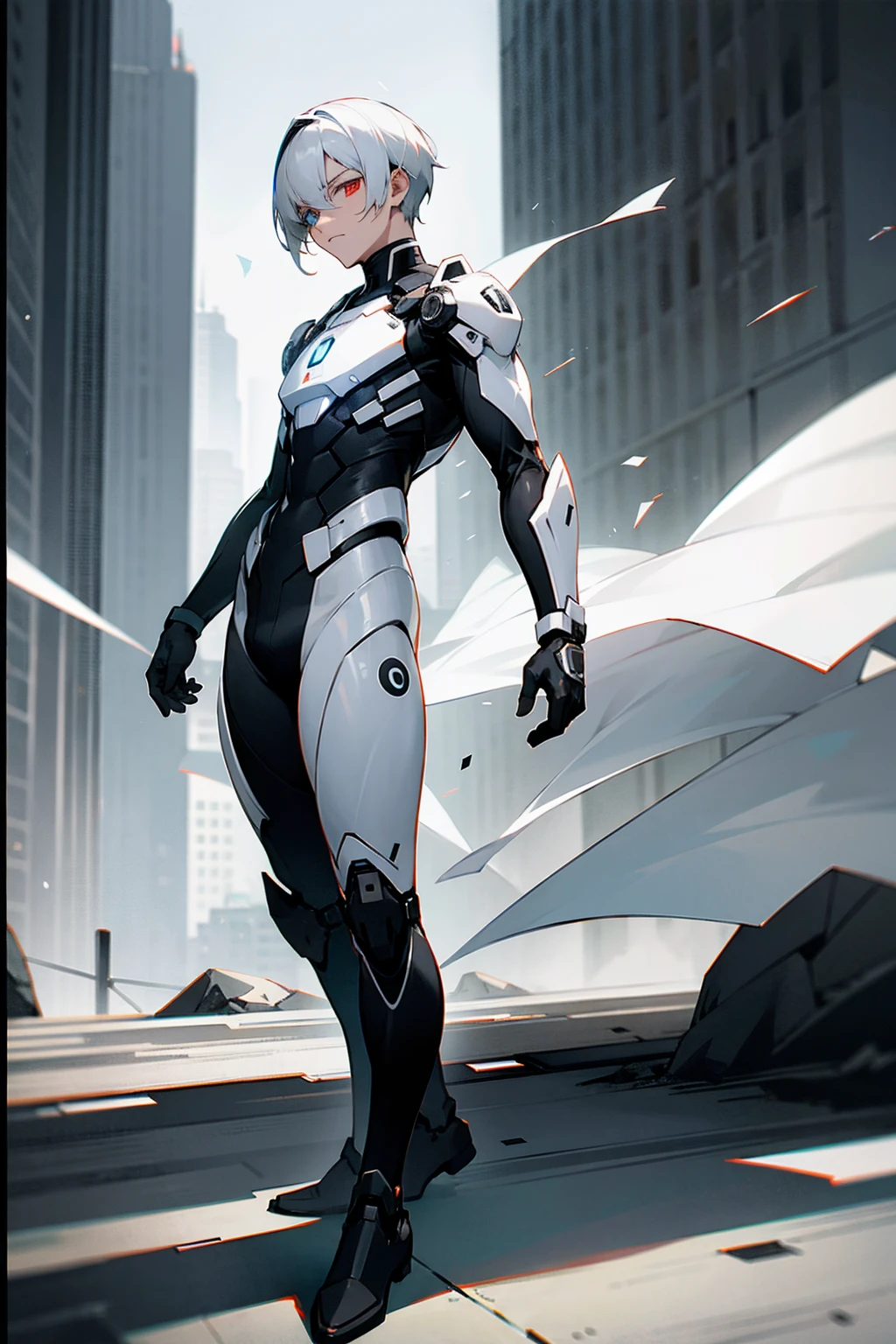1male, two toned hair, black and white hair, split colored hair, expressionless, heterochromia, black and white combat suit, city background, standing on path, hands to side