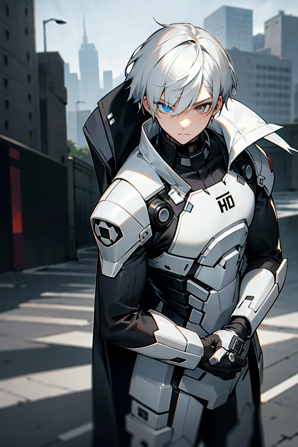 1male, two toned hair, black and white hair, split colored hair, expressionless, heterochromia, black and white combat suit, city background, standing on path, hands to side