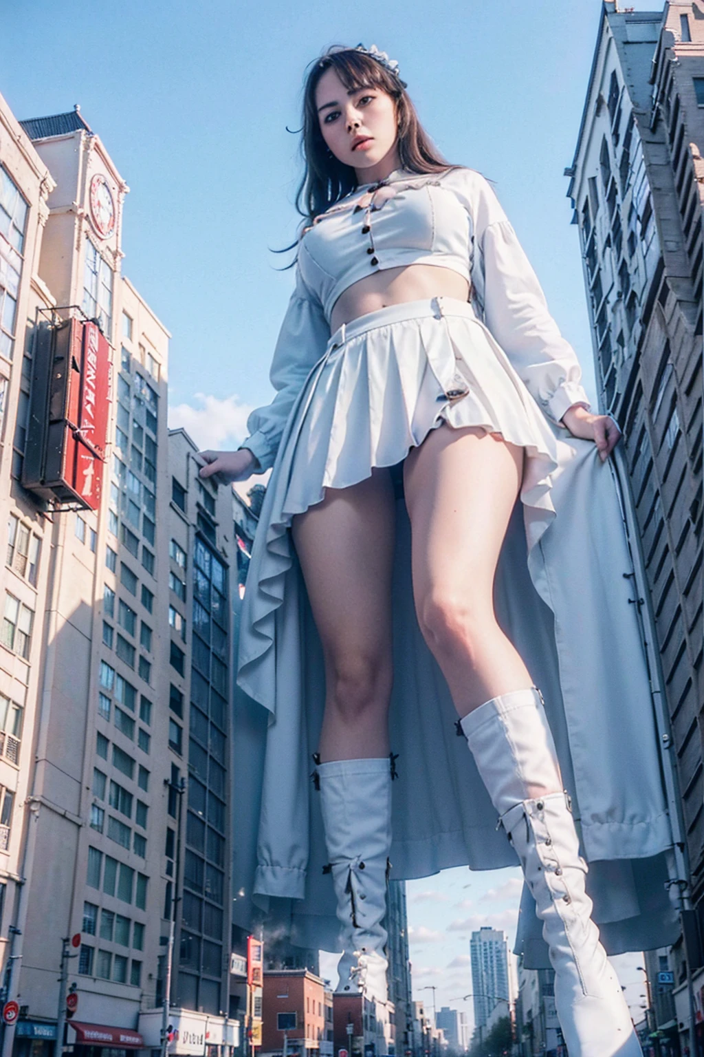Giant maiden,der riese、Girl taller than the building,from below, round and large eyes、tallgts,giantess,Full body photo,BuildingSeat, white uniform,Big breasts,pencil skirts,,white boots,cleveage of the breast、a miniskirt、Modern miniature buildings、top-quality、Watercolor style、stom'