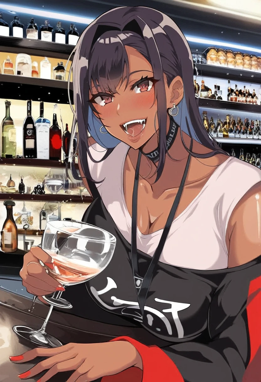 Again_9, scoAgain_8_superior, scoAgain_7_superior, scoAgain_6_superior, scoAgain_5_superior, scoAgain_4_superior, sauce_anime, alone, One girl, matuAgain female, bAgainmerton_\(Azure_lane\), Dark Skin, Woman with dark skin, makesuperior, eye shadow, Lips parted, fix, Sunburned skin, Shiny skin, Metallic Tan, coloAgaind skin, Jet Black Skin, saliva, Pierced earrings BREAK Light Brush, Glass, bar, Dim lighting, Drunk, Excited, Invite people to join