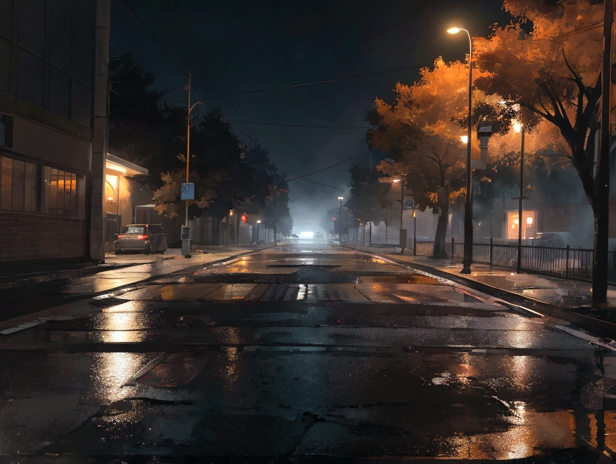 deserted parking lot outside a university library, lit by the cold, orange glow of flickering sodium vapor lamps. The pavement is slick with recent rain, reflecting the distorted light in oily puddles. The surrounding trees cast long, eerie shadows that dance menacingly in the artificial light. A lone car sits in the middle of the empty lot, its windows reflecting the unsettling scene like dark, vacant eyes. The atmosphere is thick with an unsettling silence, heightened by the distant hum of the city and a growing sense of dread.