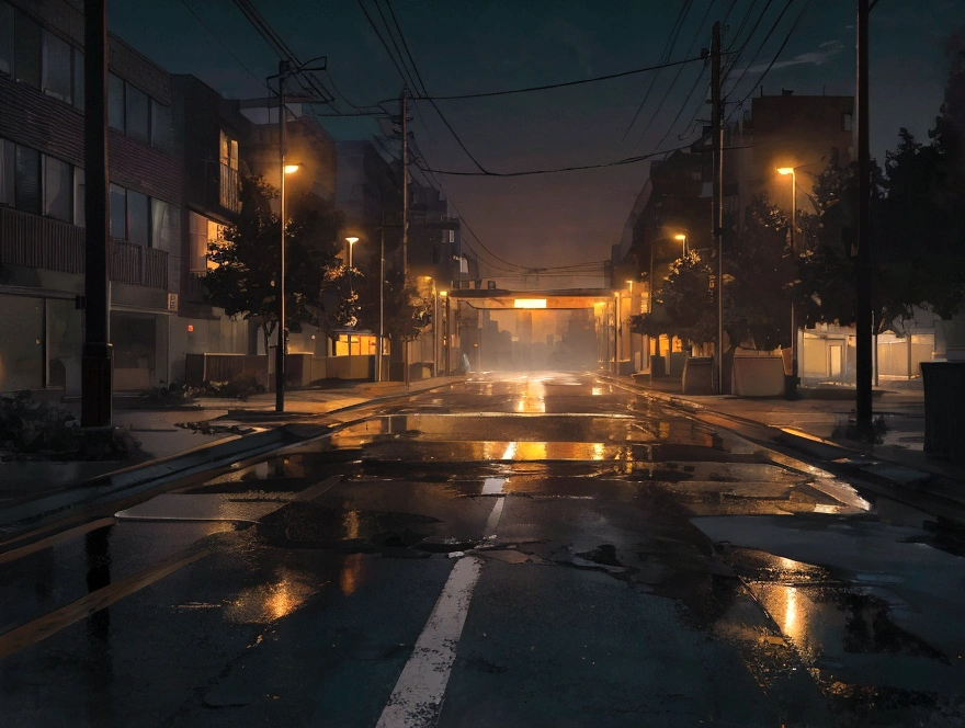 deserted parking lot outside a university library, lit by the cold, orange glow of flickering sodium vapor lamps. The pavement is slick with recent rain, reflecting the distorted light in oily puddles. The surrounding trees cast long, eerie shadows that dance menacingly in the artificial light. A lone car sits in the middle of the empty lot, its windows reflecting the unsettling scene like dark, vacant eyes. The atmosphere is thick with an unsettling silence, heightened by the distant hum of the city and a growing sense of dread.