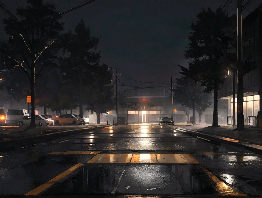deserted parking lot outside a university library, lit by the cold, orange glow of flickering sodium vapor lamps. The pavement is slick with recent rain, reflecting the distorted light in oily puddles. The surrounding trees cast long, eerie shadows that dance menacingly in the artificial light. A lone car sits in the middle of the empty lot, its windows reflecting the unsettling scene like dark, vacant eyes. The atmosphere is thick with an unsettling silence, heightened by the distant hum of the city and a growing sense of dread.