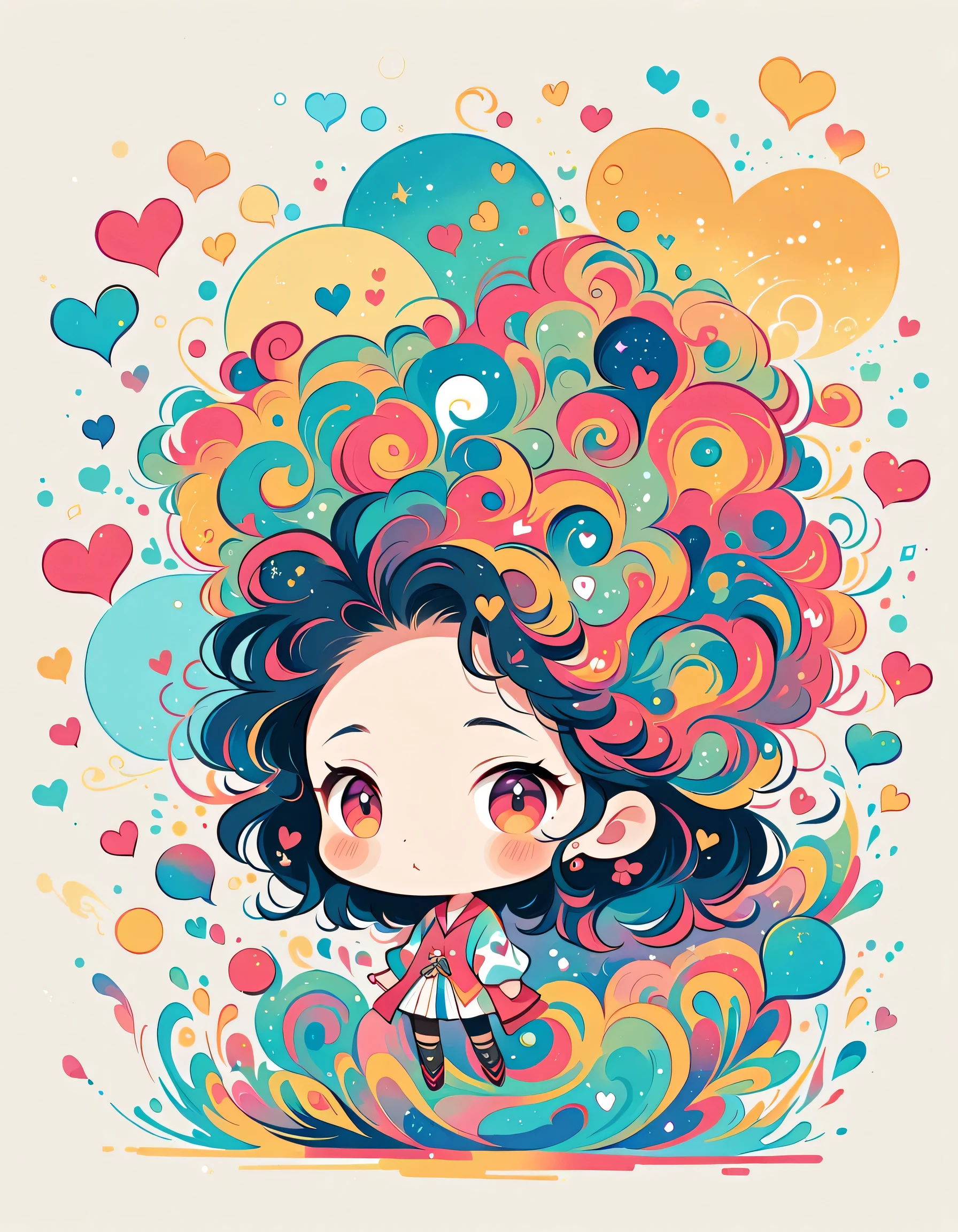 Takashi Murakami style, Simple Line Initialism,Abstract art,Urban Background, colorful hearts ,(((The most beautiful girl of all time))), (((chibi))),