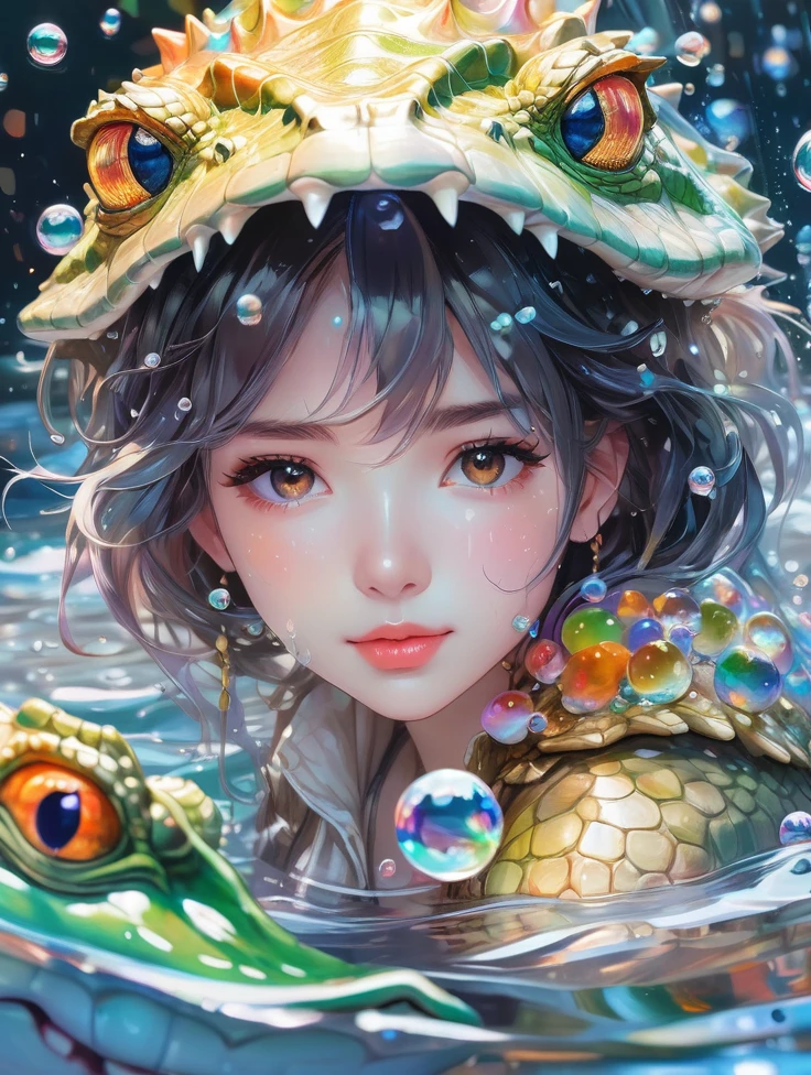 a Girl, crocodile, Colorful colors, surrounded by water bubbles, in the style of Kawacy, Masterpiece, Oil painting drawn in anime style, head close - up, exaggerated perspective, Tyndall effect, water drops, mother - of - pearl iridescence, Holographic white,