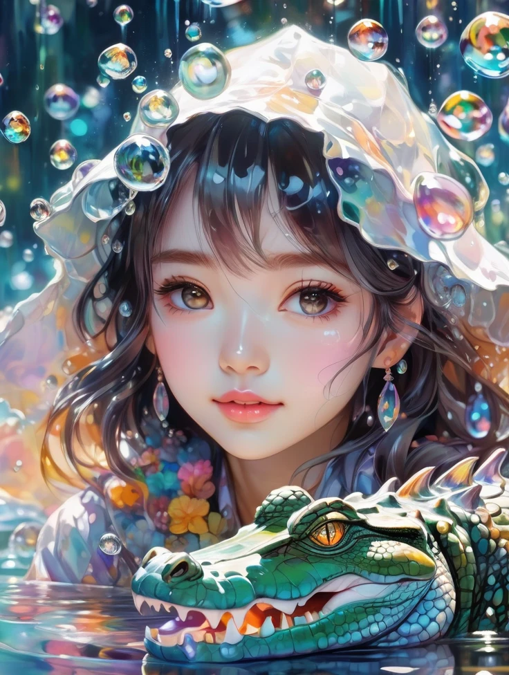 a Girl, crocodile, Colorful colors, surrounded by water bubbles, in the style of Kawacy, Masterpiece, Oil painting drawn in anime style, head close - up, exaggerated perspective, Tyndall effect, water drops, mother - of - pearl iridescence, Holographic white,