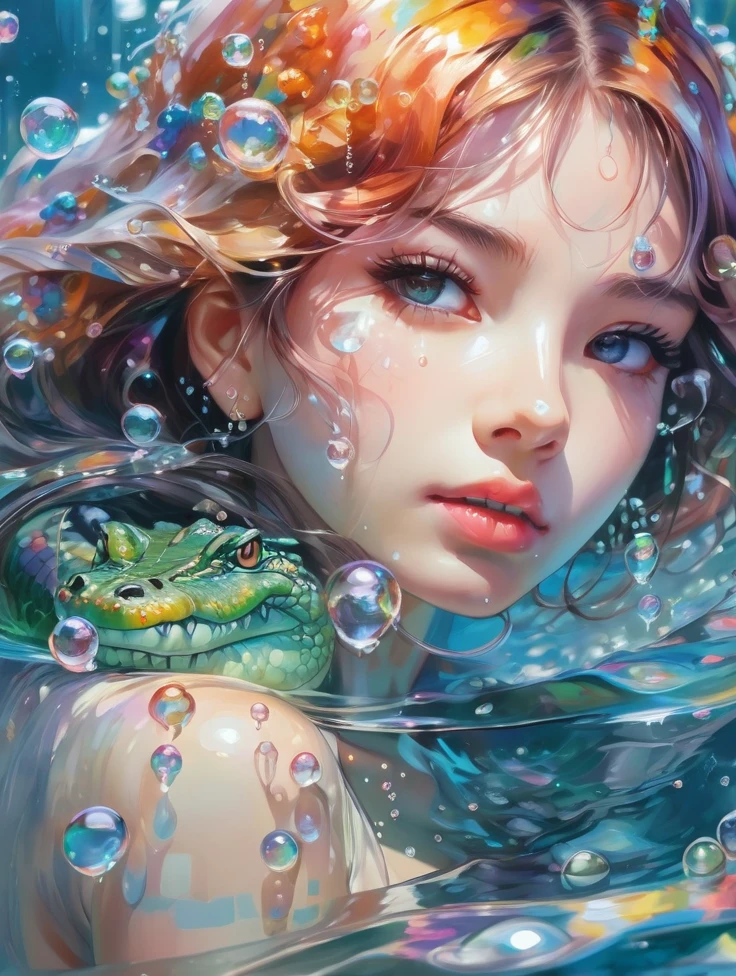 a Girl, crocodile, Colorful colors, surrounded by water bubbles, in the style of Kawacy, Masterpiece, Oil painting drawn in anime style, head close - up, exaggerated perspective, Tyndall effect, water drops, mother - of - pearl iridescence, Holographic white,