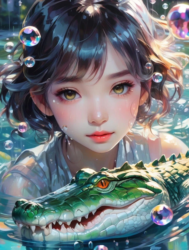 a Girl, crocodile, Colorful colors, surrounded by water bubbles, in the style of Kawacy, Masterpiece, Oil painting drawn in anime style, head close - up, exaggerated perspective, Tyndall effect, water drops, mother - of - pearl iridescence, Holographic white,