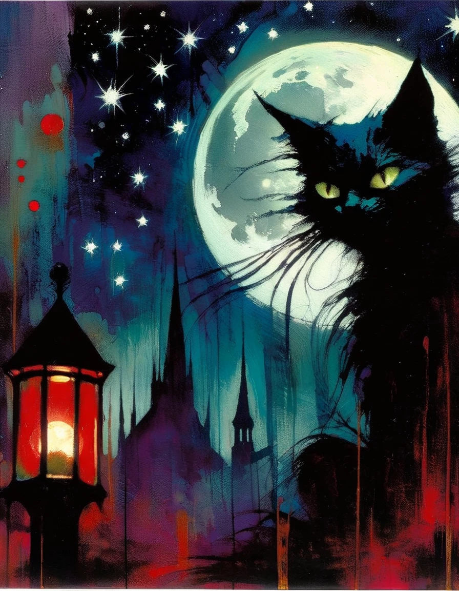 tarot card: the horror and the evil cat, horror tones, moon and stars(inspirational art by Bill Sienkiewicz, oil painting, brush stroke details that enhance depth)