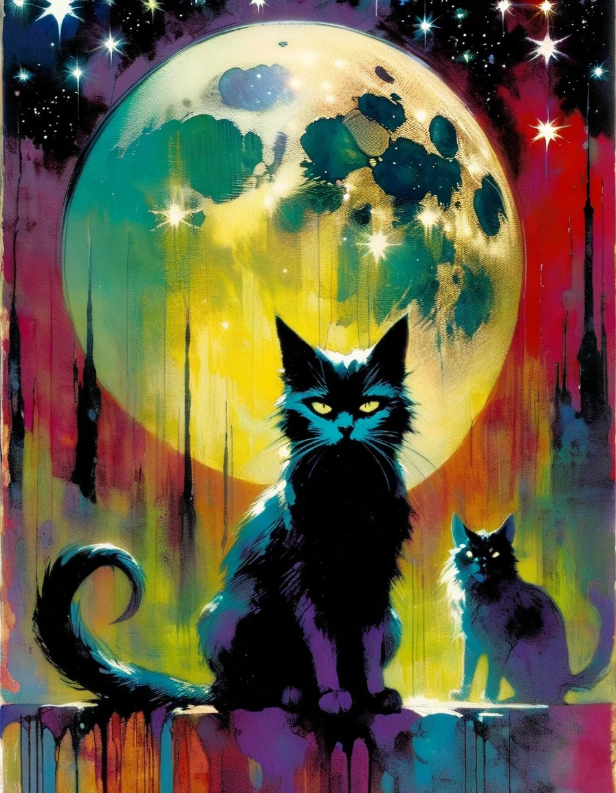 tarot card: the horror and the evil cat, horror tones, moon and stars(inspirational art by Bill Sienkiewicz, oil painting, brush stroke details that enhance depth)