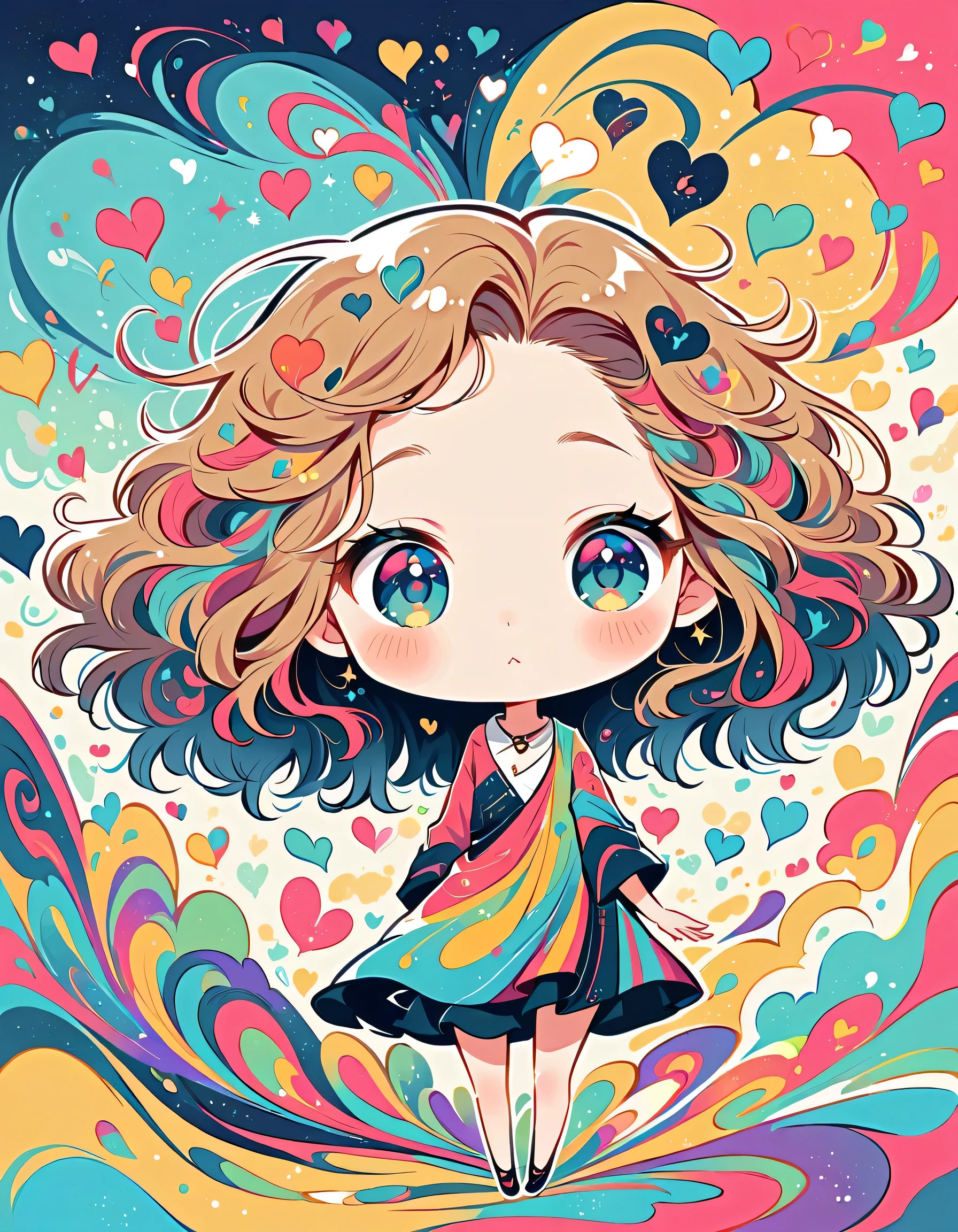Takashi Murakami style, Simple Line Initialism,Abstract art,Urban Background, colorful hearts ,(((The most beautiful girl of all time))), (((chibi))),