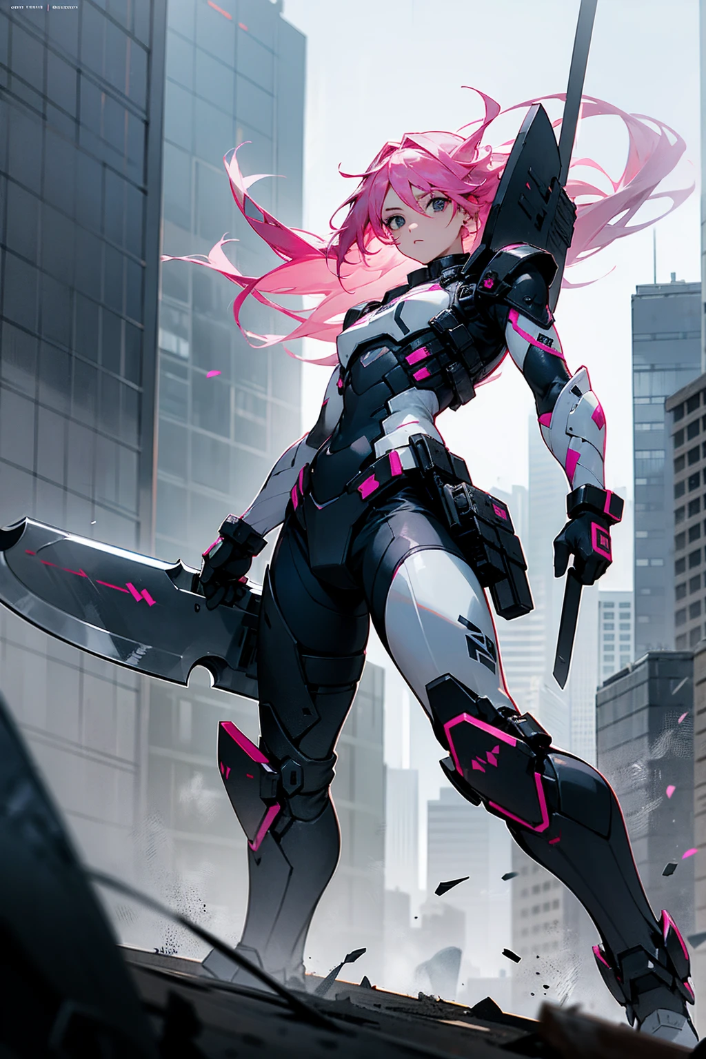 1male, pink hair, black eyes, giant combat axe on back, axe, short flowing hair, battle scars, black and white combat suit, city background, standing on path, hands to side