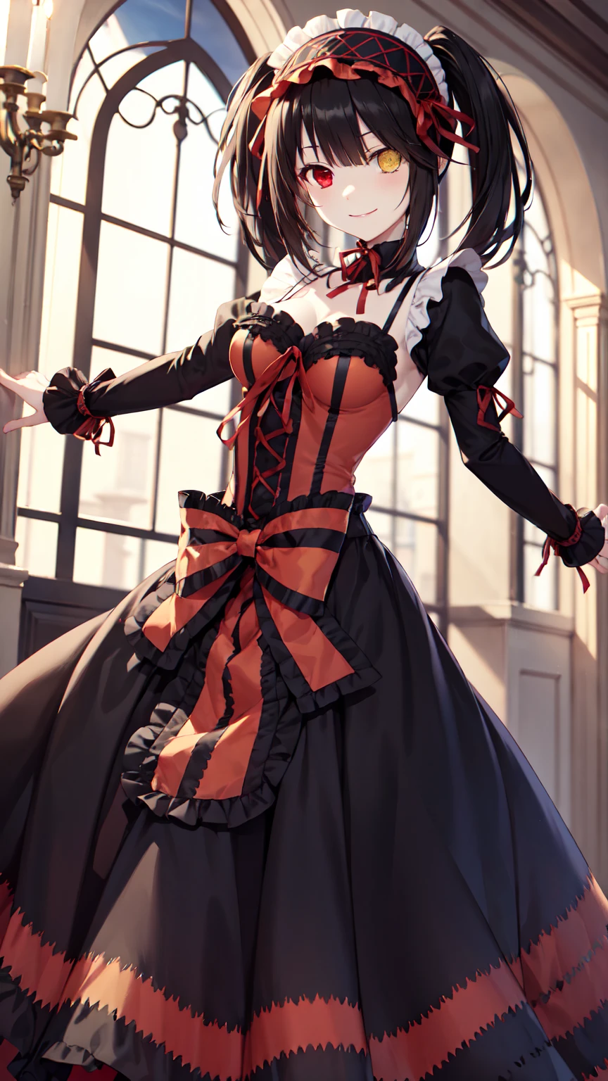 masterpiece, The best quality、street、Put your arms behind your back、Black Hair, Long twin tails bunches, (Yellow eyes:1.2), Heterochromia iridum, (Red Eyes:1.2),Tokisaki Kurumi、Smile,Gothic ta Clothing Accessories、victorian maid tiara、Black Ribbon、Shut up、Gothic Lolilothing Accessories