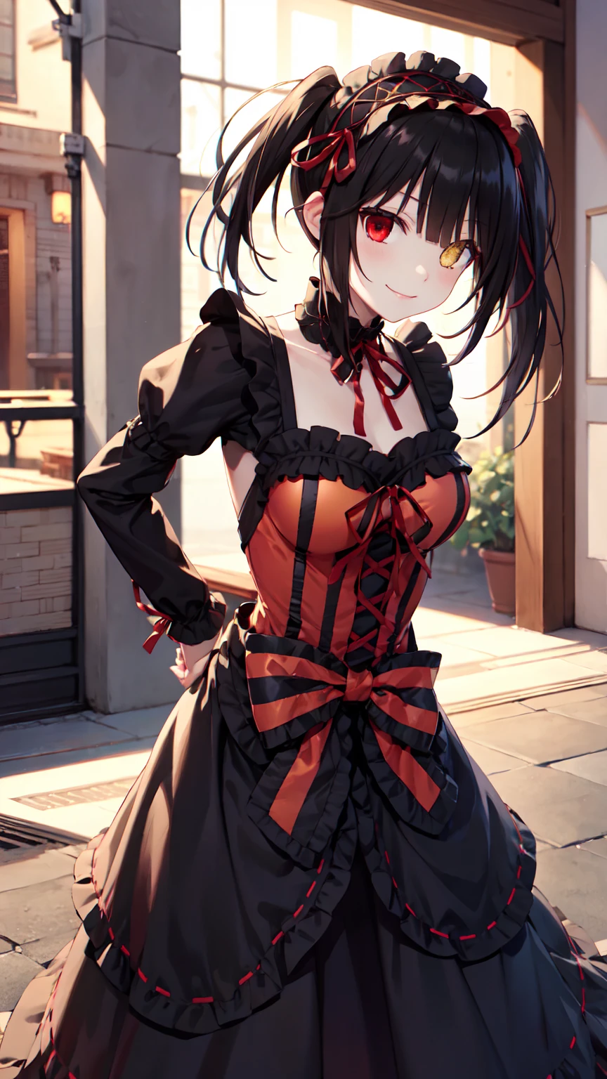 masterpiece, The best quality、street、Put your arms behind your back、Black Hair, Long twin tails bunches, (Yellow eyes:1.2), Heterochromia iridum, (Red Eyes:1.2),Tokisaki Kurumi、Smile,Gothic Lolita Clothing Accessories、victorian maid tiara、Black Ribbon、Shut up、Gothic Lolita Clothing Accessories