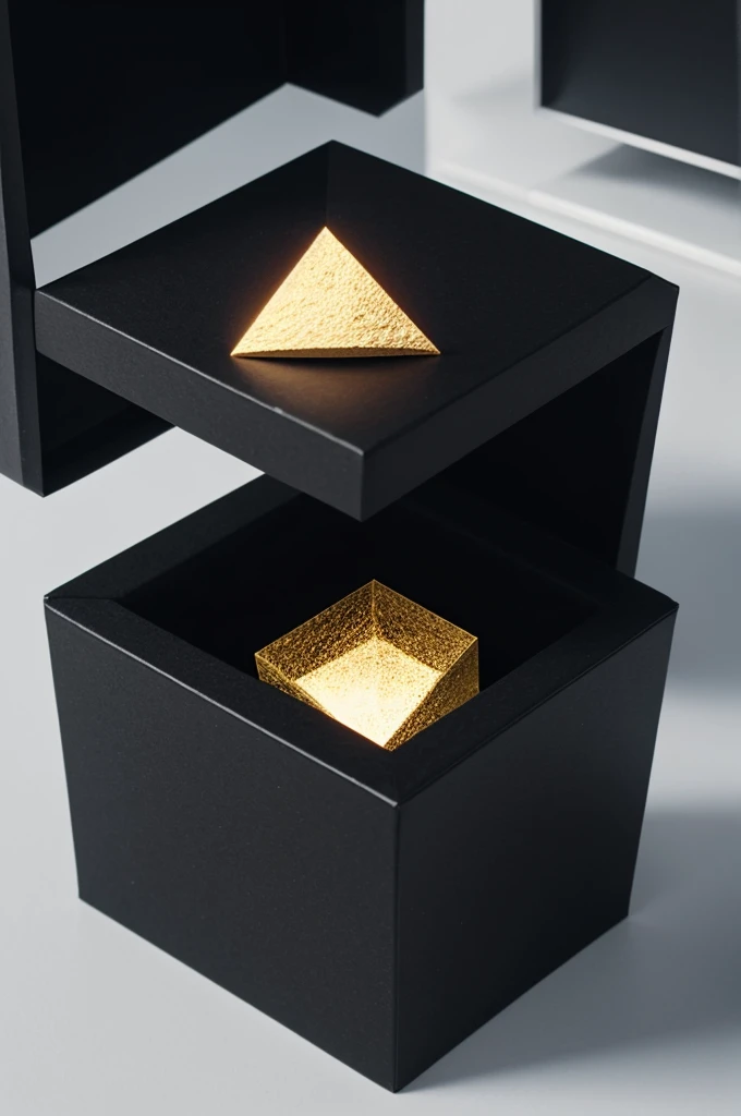 A square 3D geometric figure levitating in space, already inside that box nothing more than a black t-shirt with a drawing of a skull floating in nothingness 