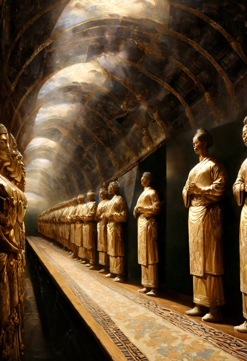 Giant golden Buddha plunges into the clouds,Hall々And,The 32 stages of Buddhism,Neck limb length and ergonomic proportions,,Pilgrims' Path,A light smile,Chinese style,In the distance, Surrealism, Stereogram, tachi-e, Atmospheric perspective, Hyper Photorealism, Cinema Lighting, Divine Light, Super detailed, Accurate, highest quality, Tabletop, 16K, Attention to detail, High resolution, Awards, Super detailed, Anatomically correct