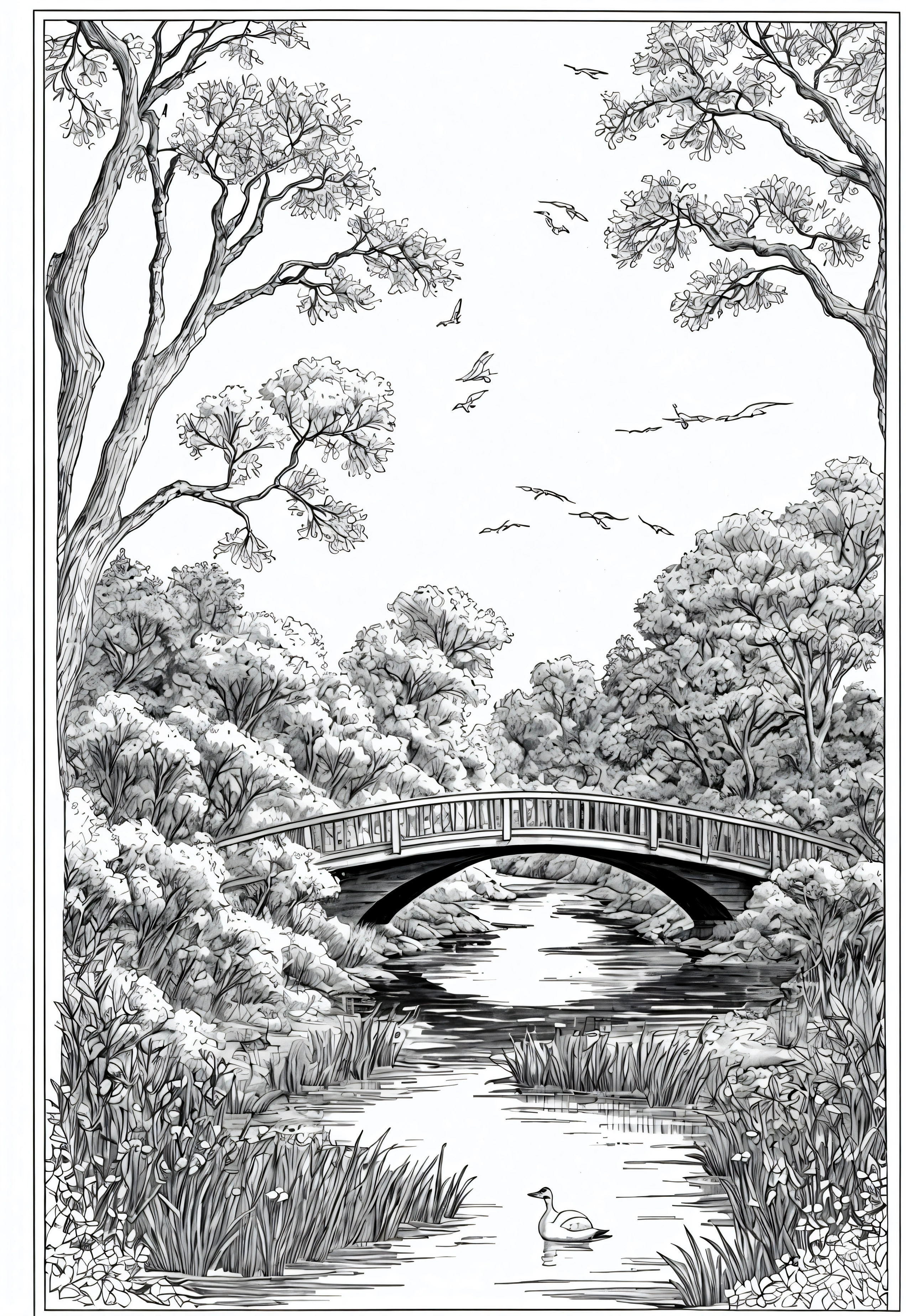 grey and white only, Book page coloring art, All-white background, Use only outlines, line art, coloring book, Clean line art, For coloring Simple and clean line art, coloring book page, perfect symmetric details, Country Bridge: A wooden bridge crossing a gentle river, with willow trees on either side, ducks swimming underneath, and wildflowers growing along the riverbank.