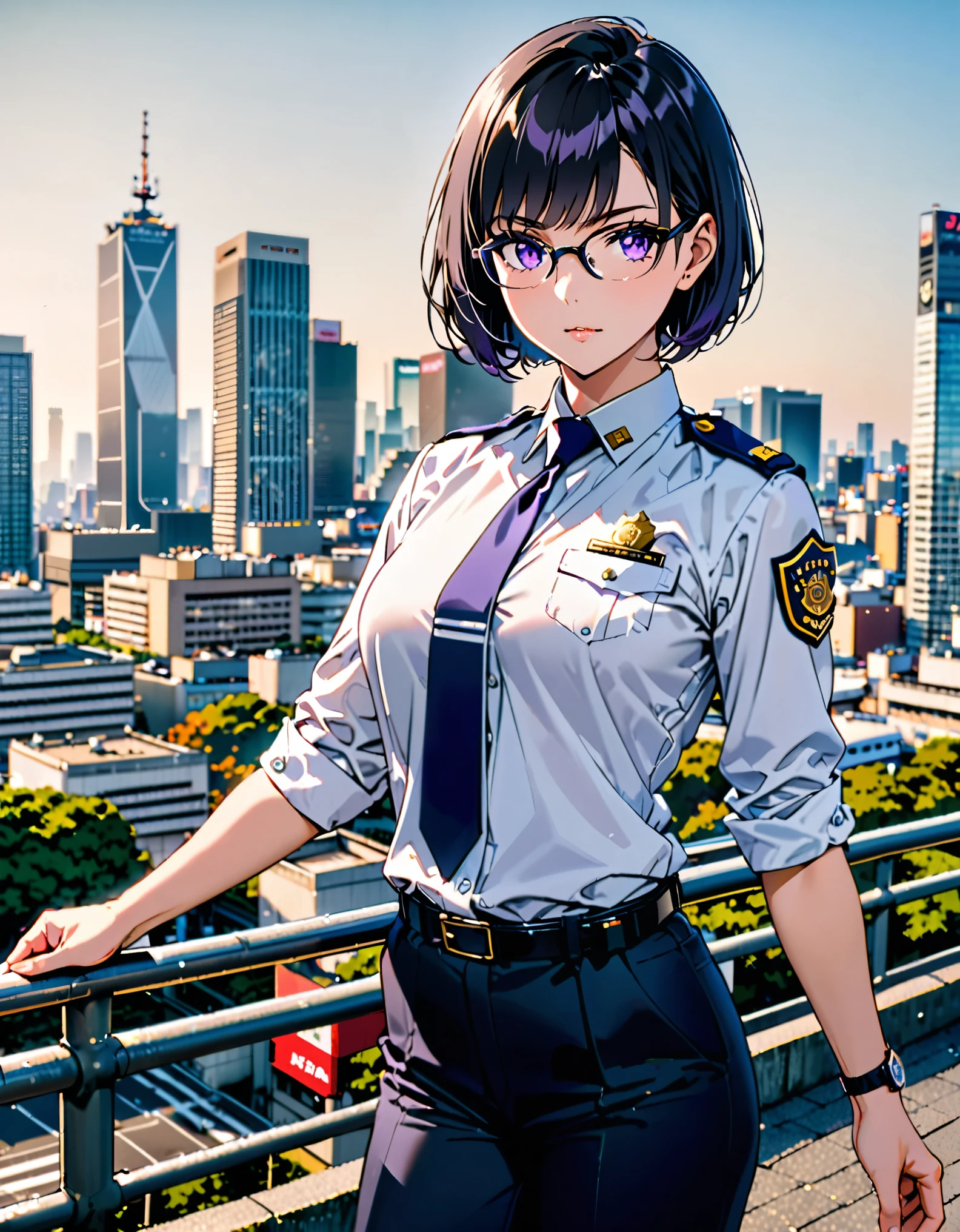 masterpiece, best quality, medium breasts, solo, (jet black hair, short hair, bob hair, purple eyes, bangs), (full body), city backdrop, tokyo city backdrop, solo, solo focus, standing, japanese police uniform, glasses, (white shirt), (black pants, tie), matching shoes, badge, (perfect hands, perfect anatomy), cowboy shot, superhero, ((beautiful detailed eyes)).